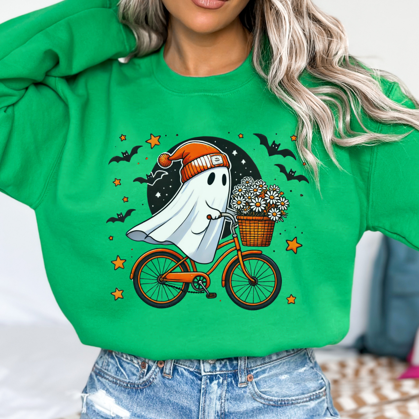 Bicycle riding ghost Halloween sweatshirt