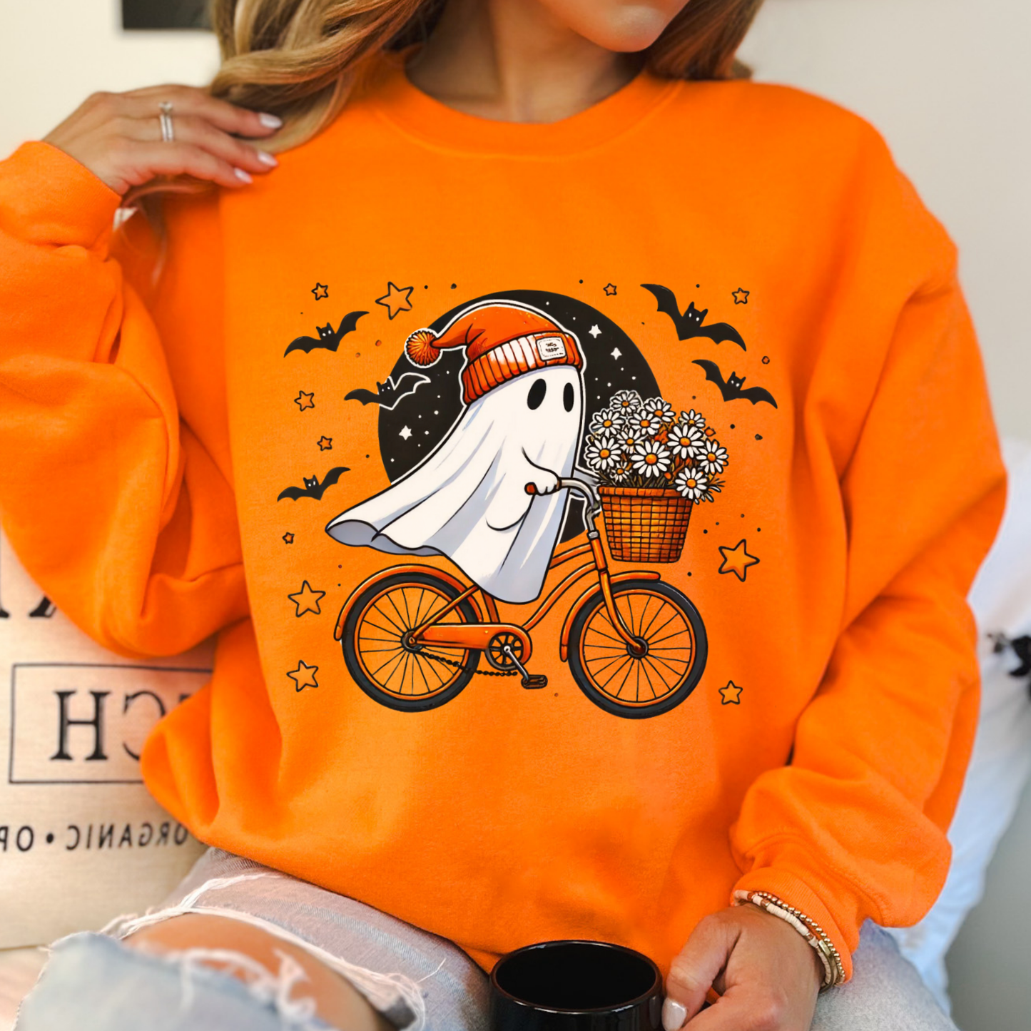 Bicycle riding ghost Halloween sweatshirt