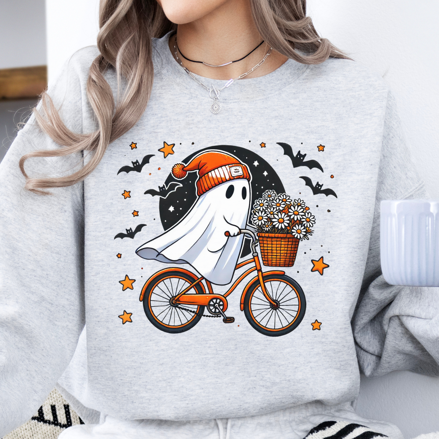 Bicycle riding ghost Halloween sweatshirt