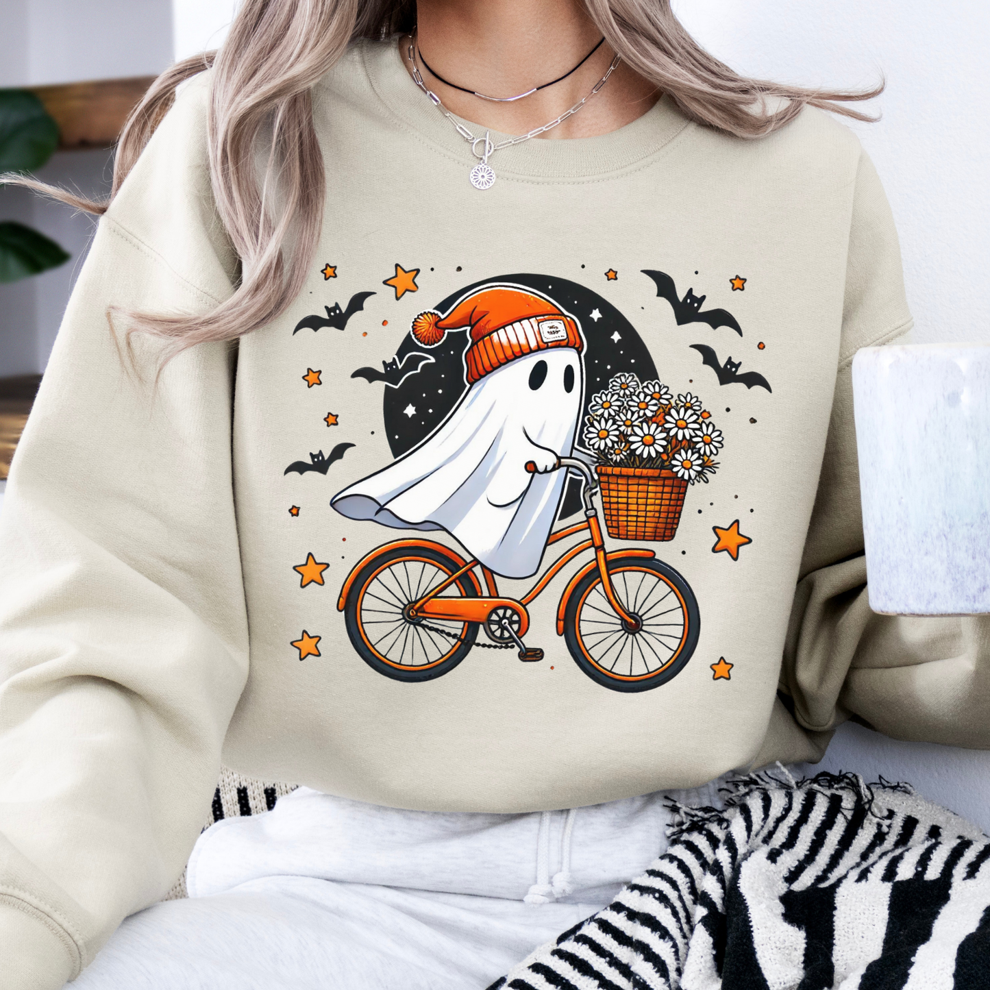 Bicycle riding ghost Halloween sweatshirt