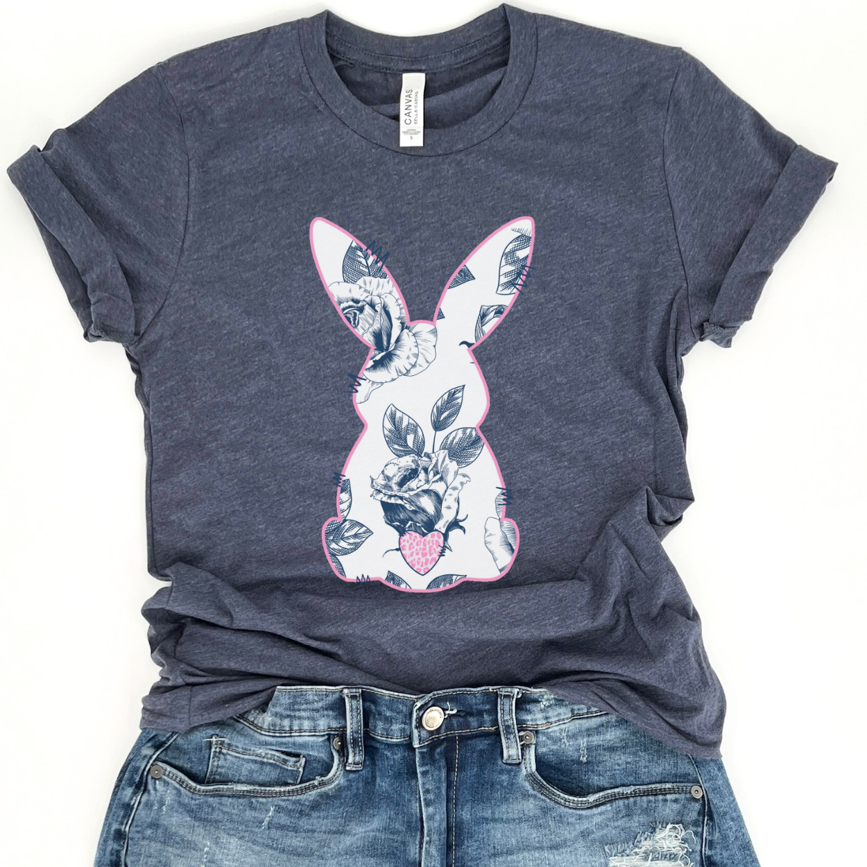 Blue floral Easter bunny graphic t-shirt