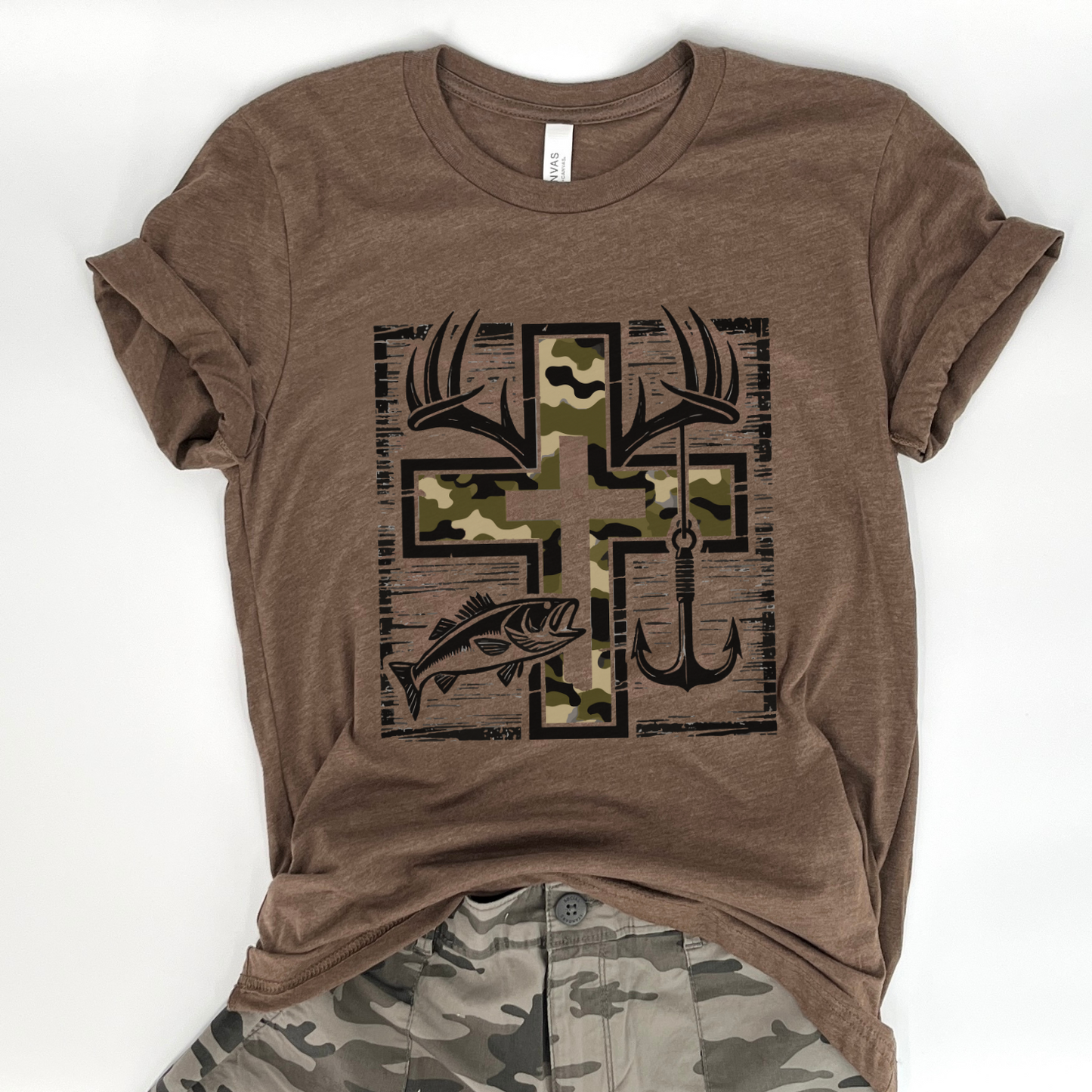 Camouflage cross, fishing and hunting unisex t-shirt