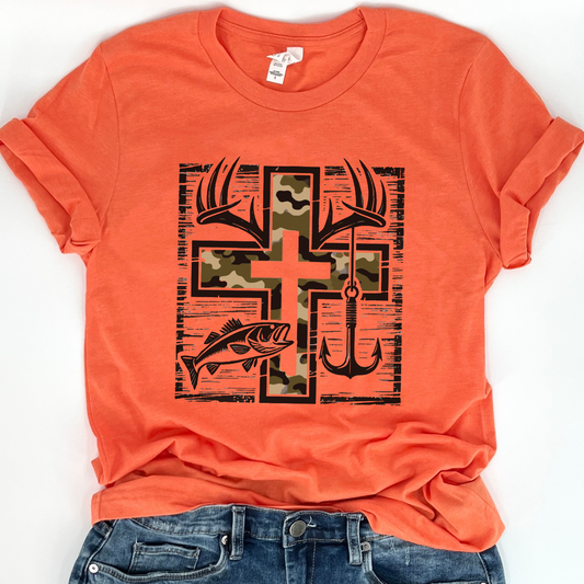 Camouflage cross, fishing and hunting unisex t-shirt