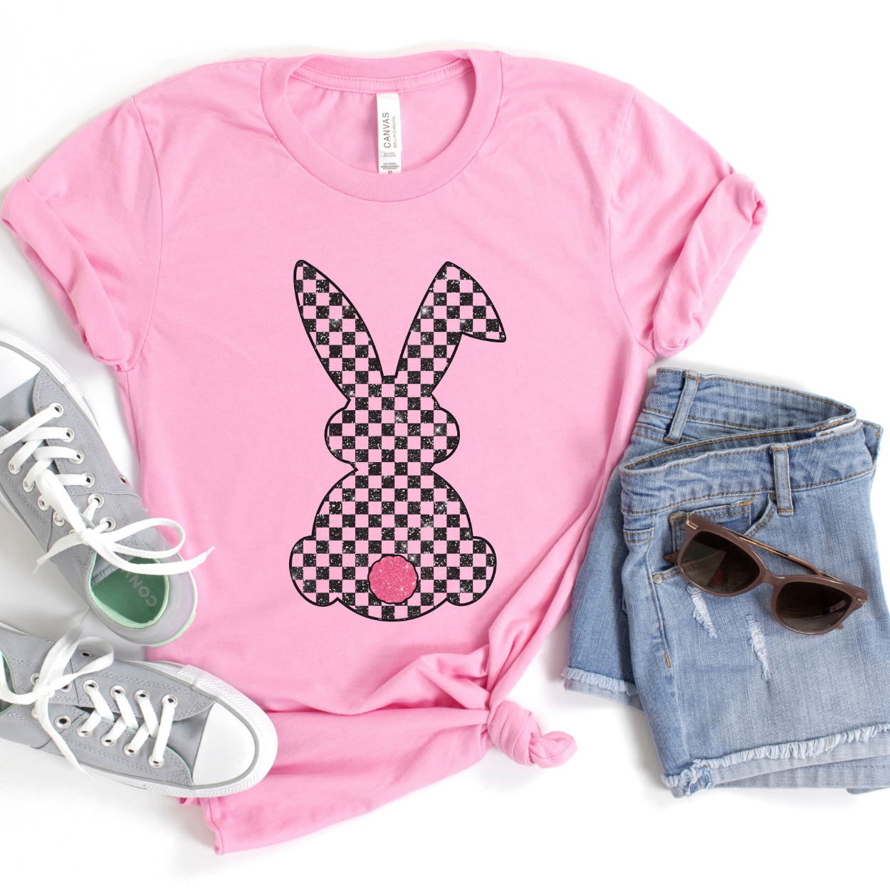 Checkered Easter bunny women's graphic t-shirt