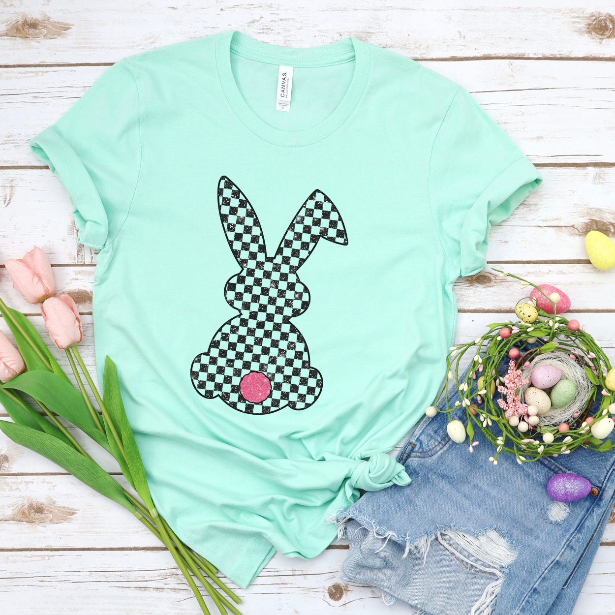 Checkered Easter bunny women's graphic t-shirt