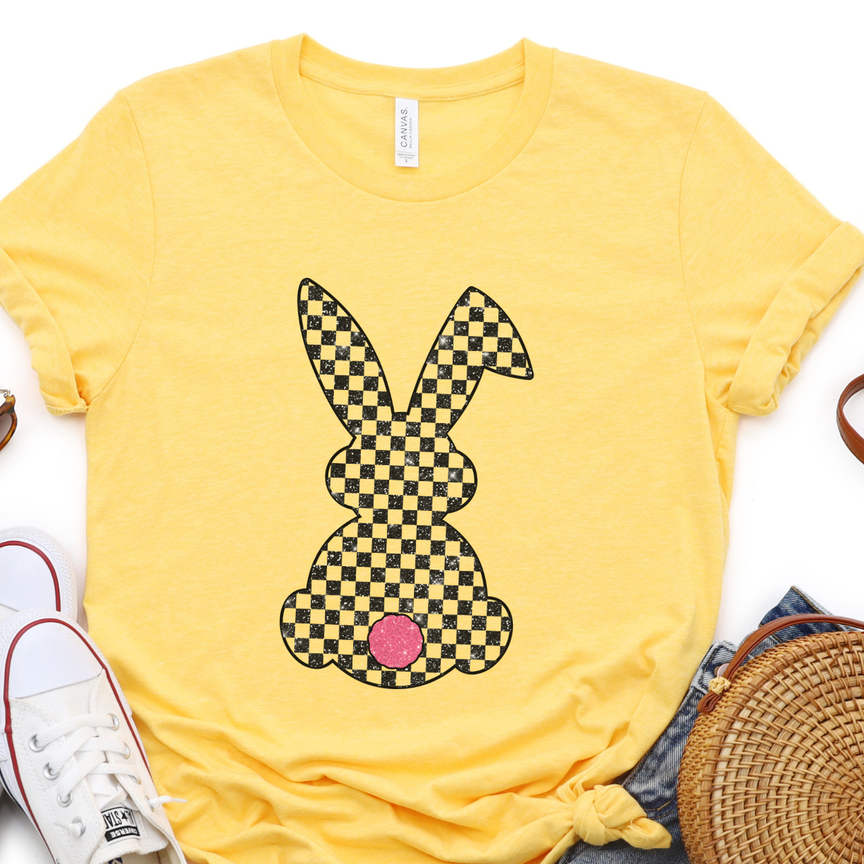 Checkered Easter bunny women's graphic t-shirt