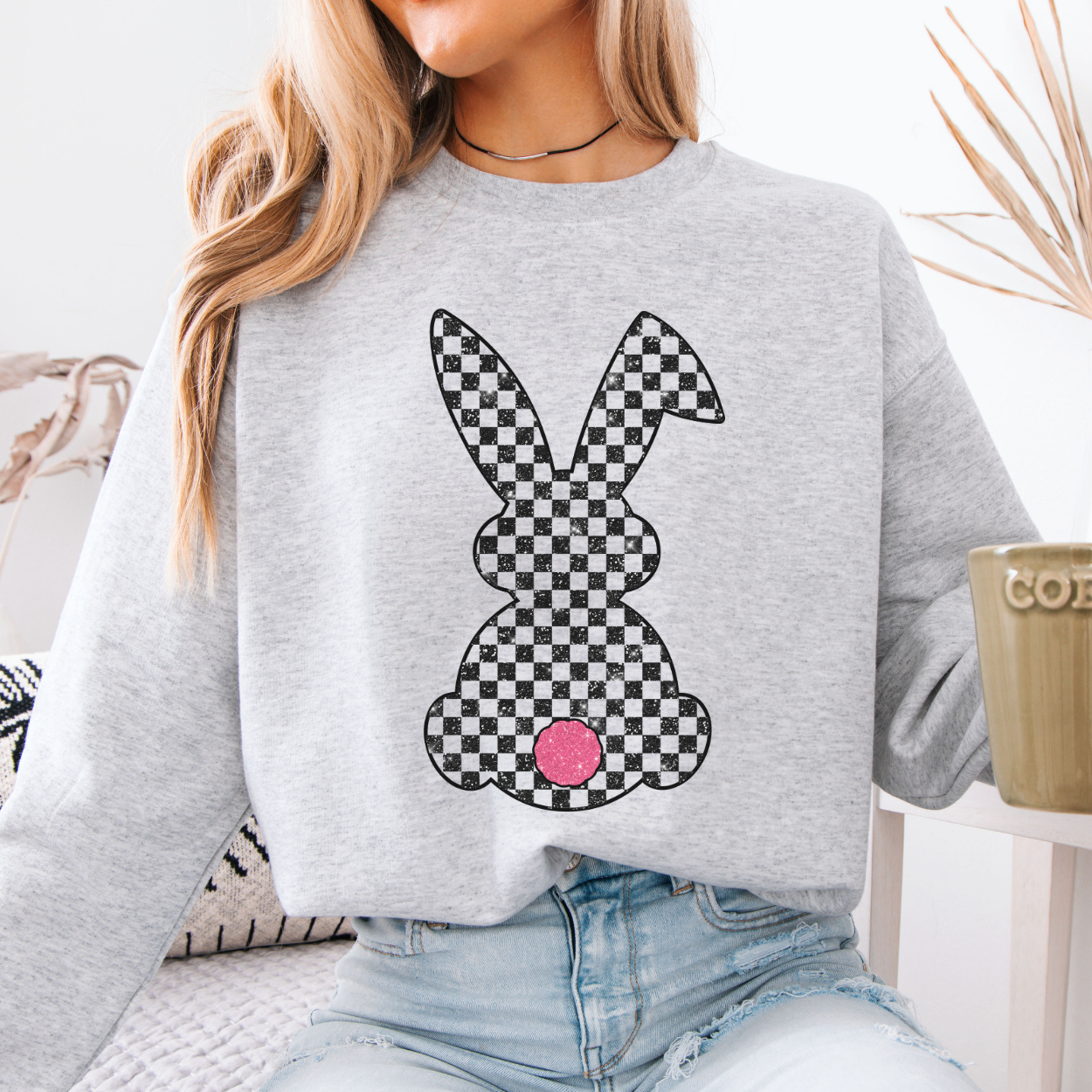 Checkered Easter bunny sweatshirt, faux glitter bunny tail