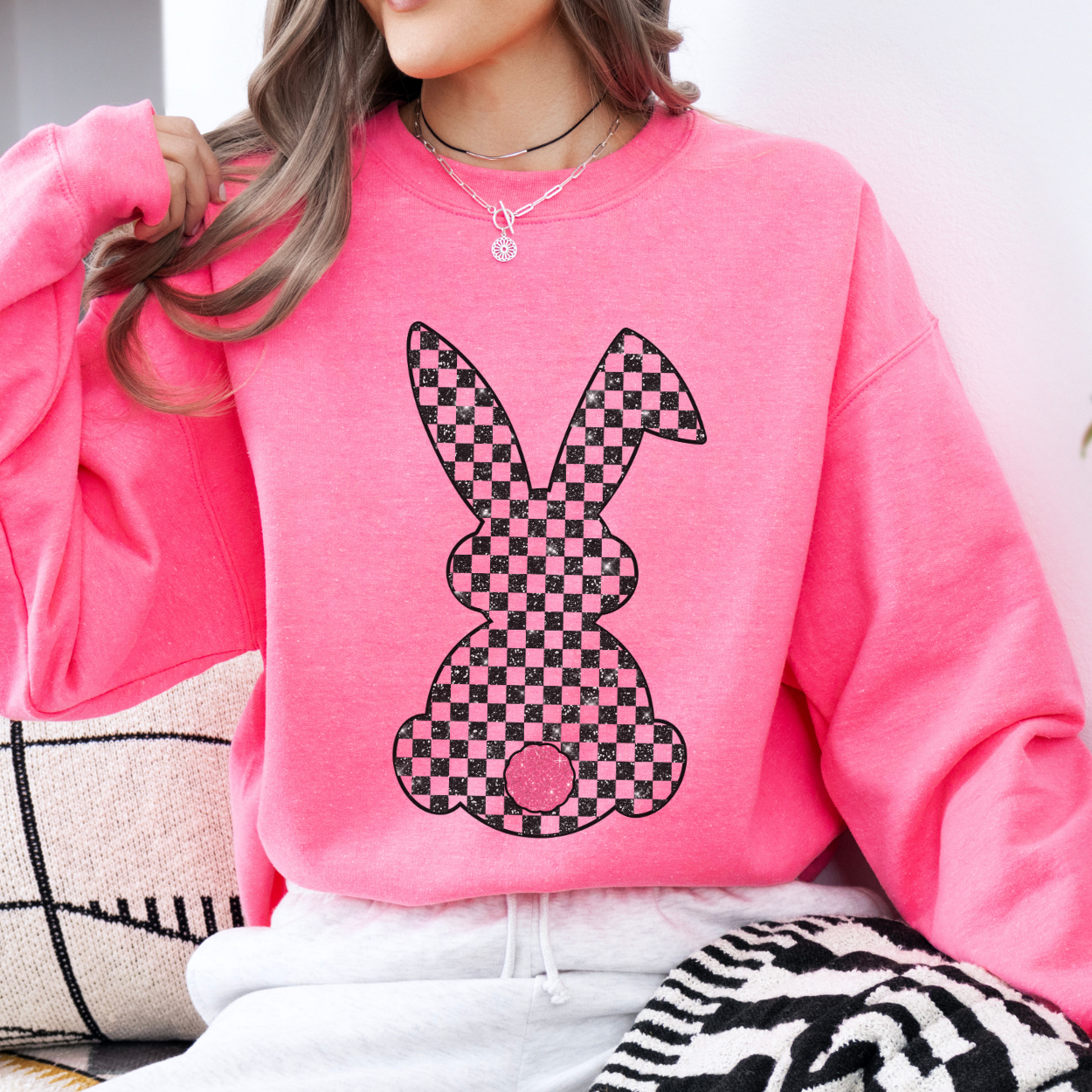 Checkered Easter bunny sweatshirt, faux glitter bunny tail