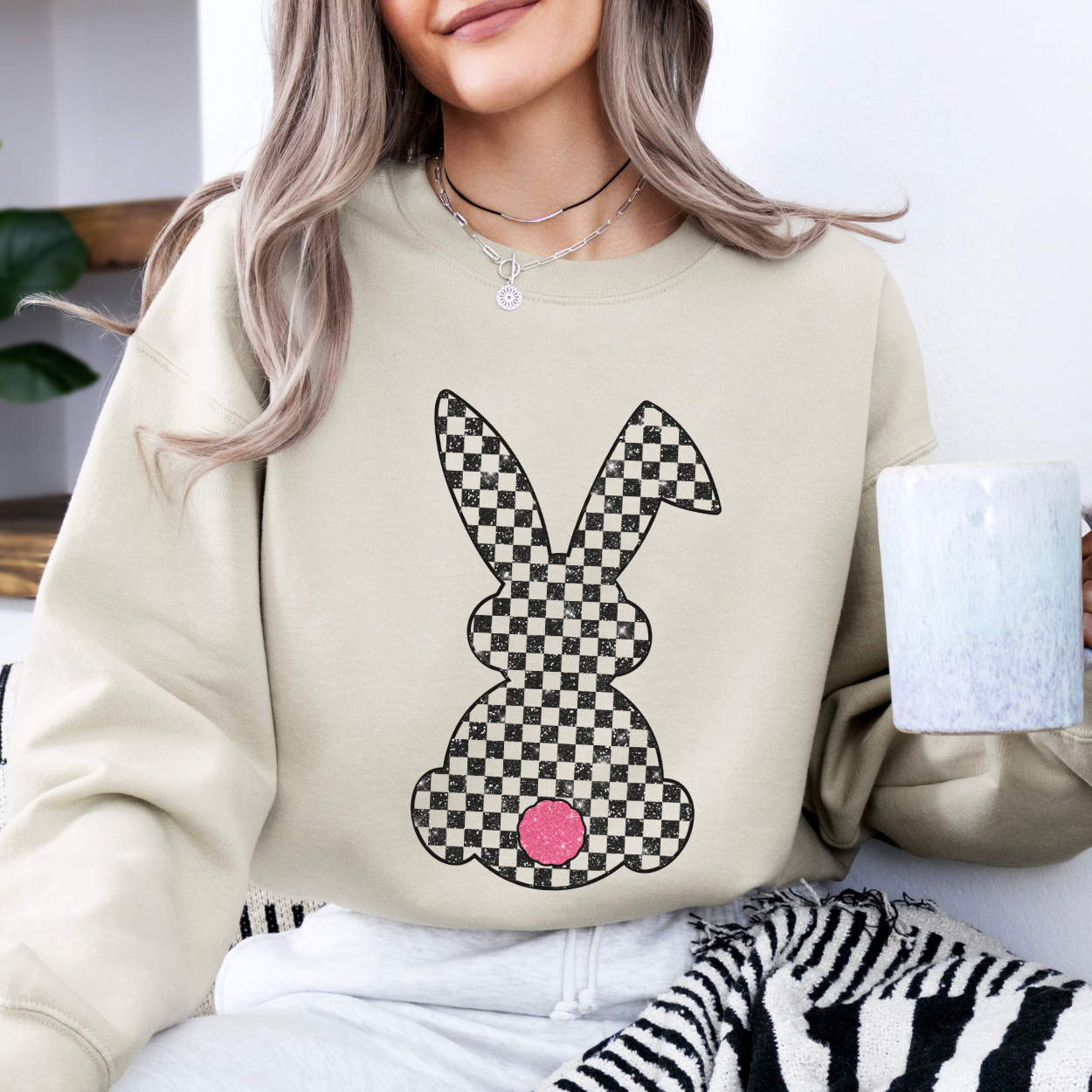 Checkered Easter bunny sweatshirt, faux glitter bunny tail