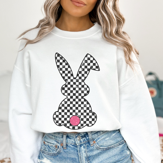 Checkered Easter bunny sweatshirt, faux glitter bunny tail