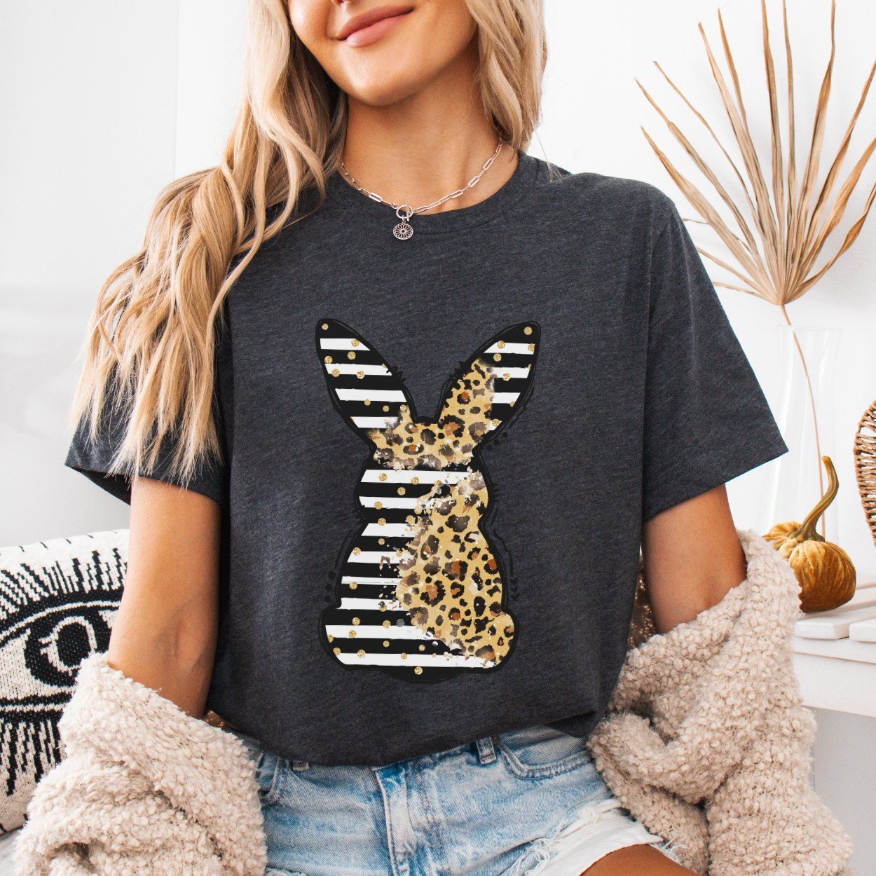 Black and white stripe leopard print Easter bunny graphic t-shirt