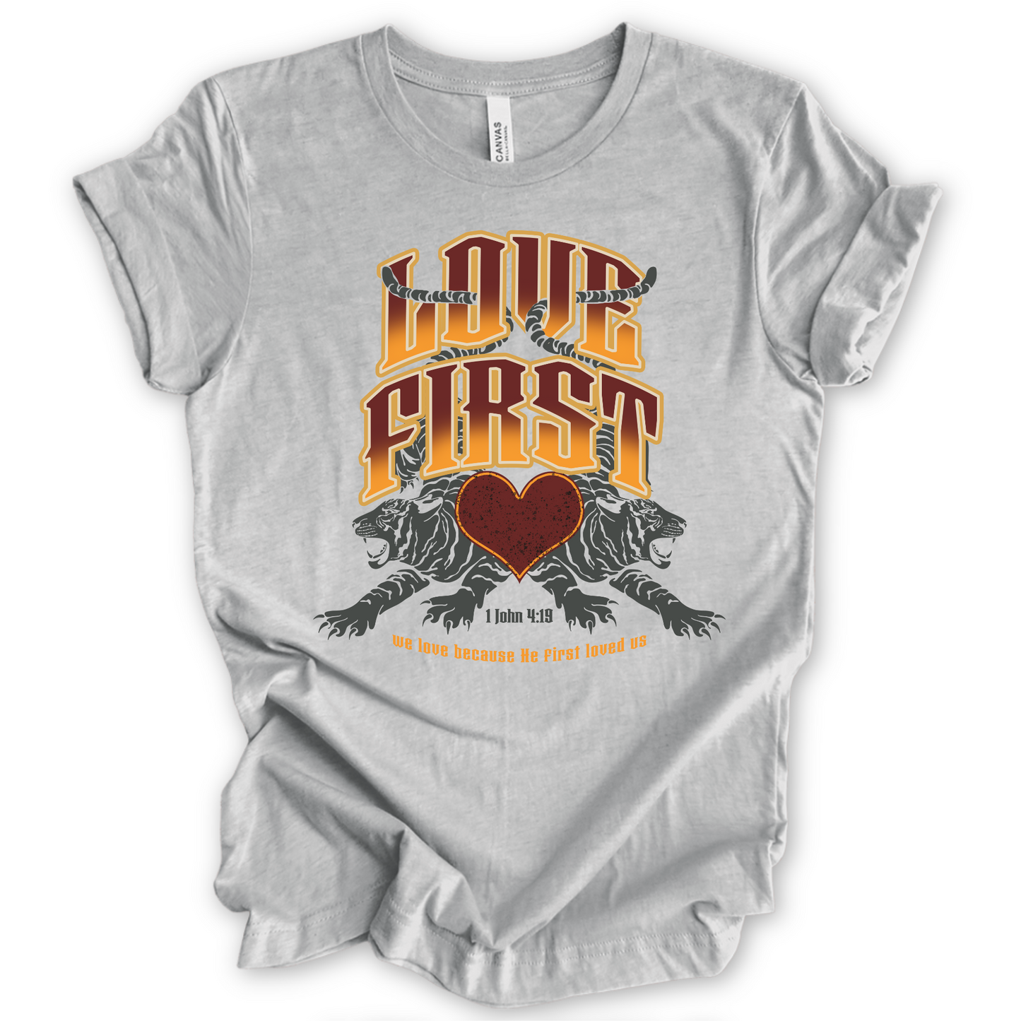 Love First, We love because He first loved us. gray tshirt with 2 black tigers and red heart.  Oversized graphic