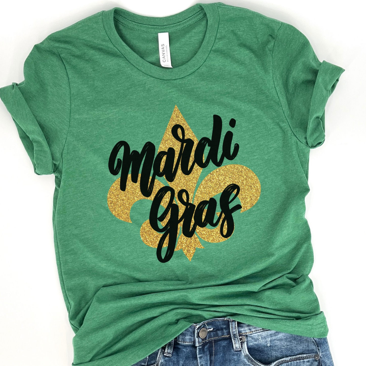 Mardi Gras Fleur-de-lis faux glitter women's graphic t-shirt