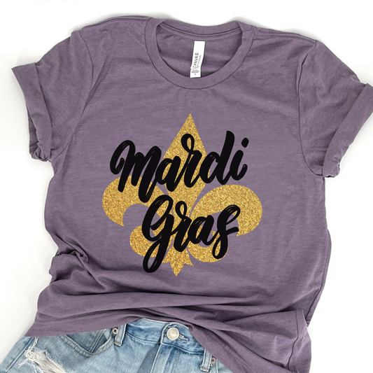 Mardi Gras Fleur-de-lis faux glitter women's graphic t-shirt