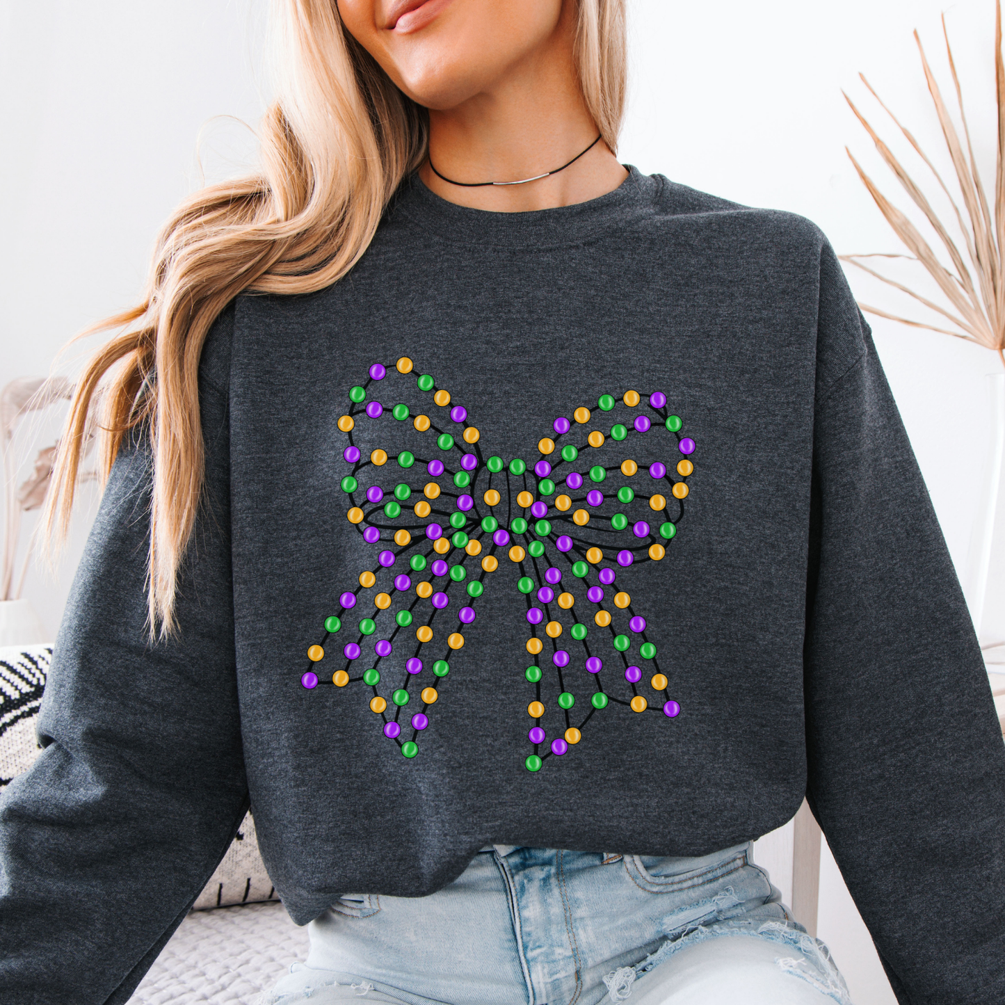 Mardi Gras Beaded coquette bow graphic sweatshirt