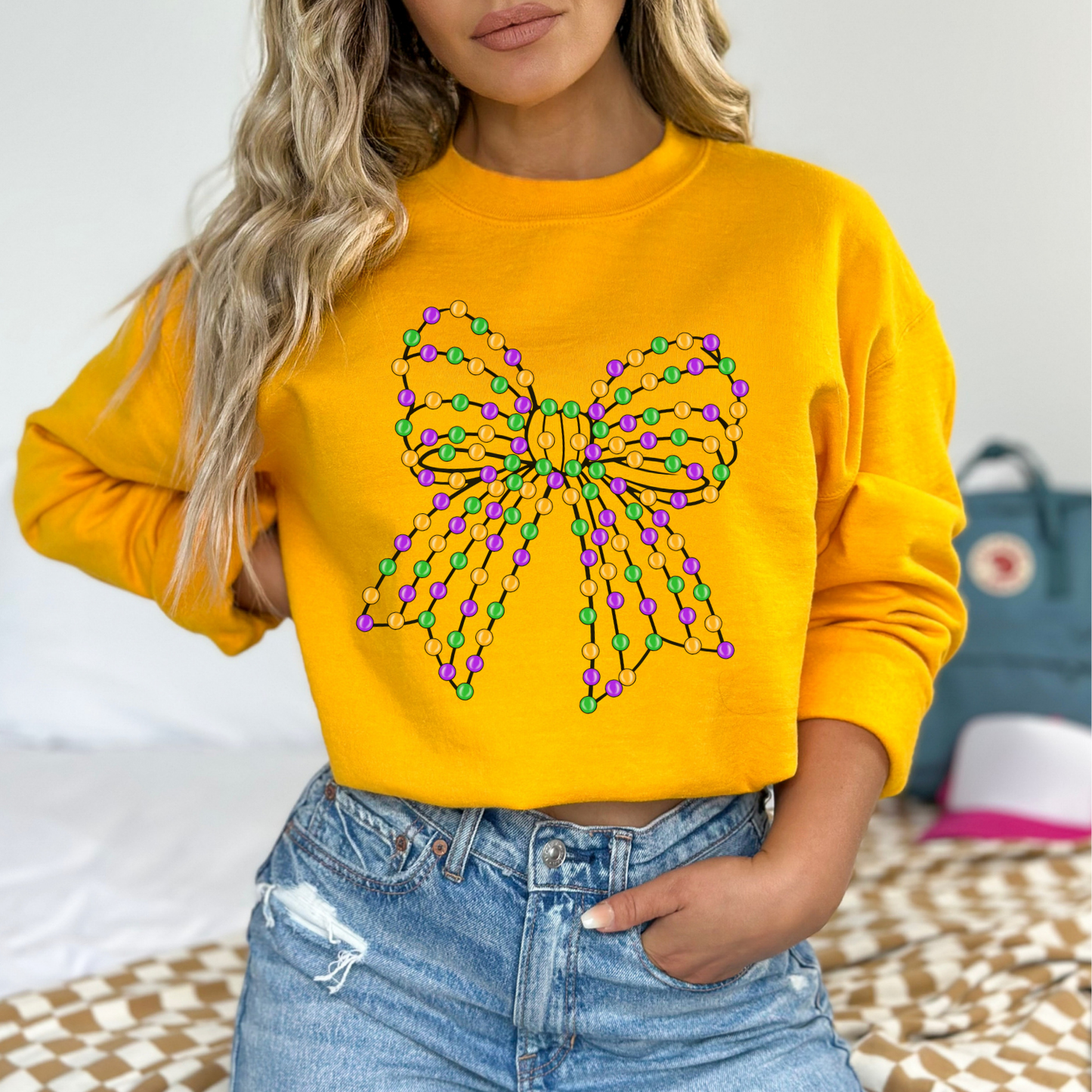 Mardi Gras Beaded coquette bow graphic sweatshirt