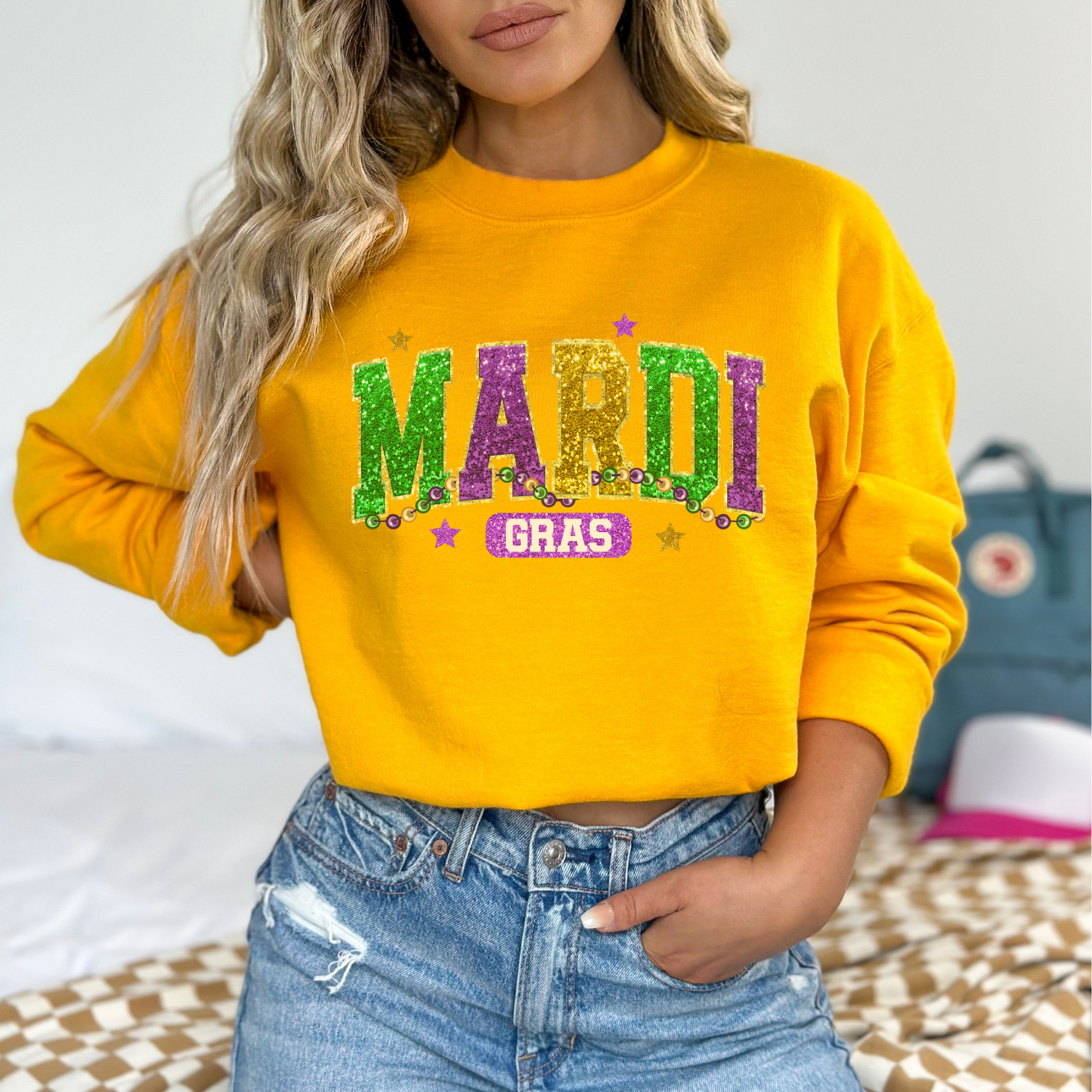 Mardi Gras graphic sweatshirt, Faux glitter sparkle effect