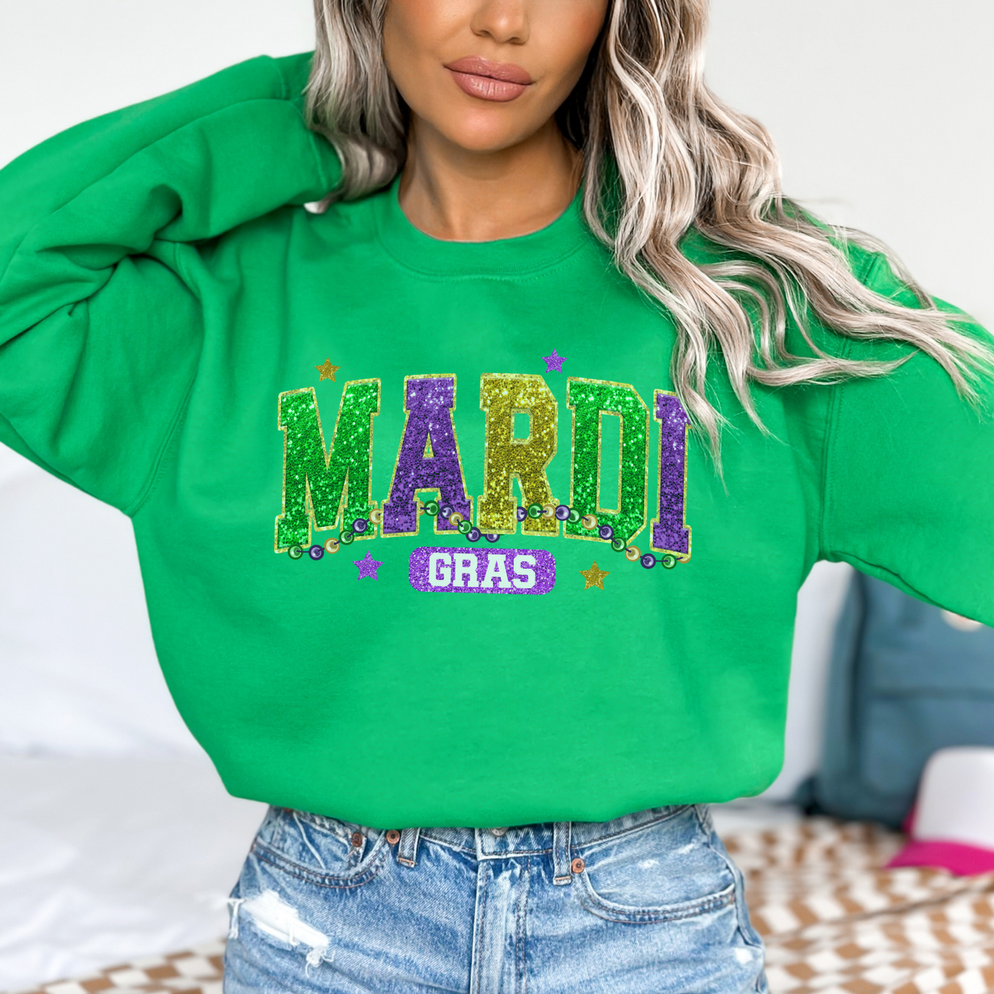 Mardi Gras graphic sweatshirt, Faux glitter sparkle effect