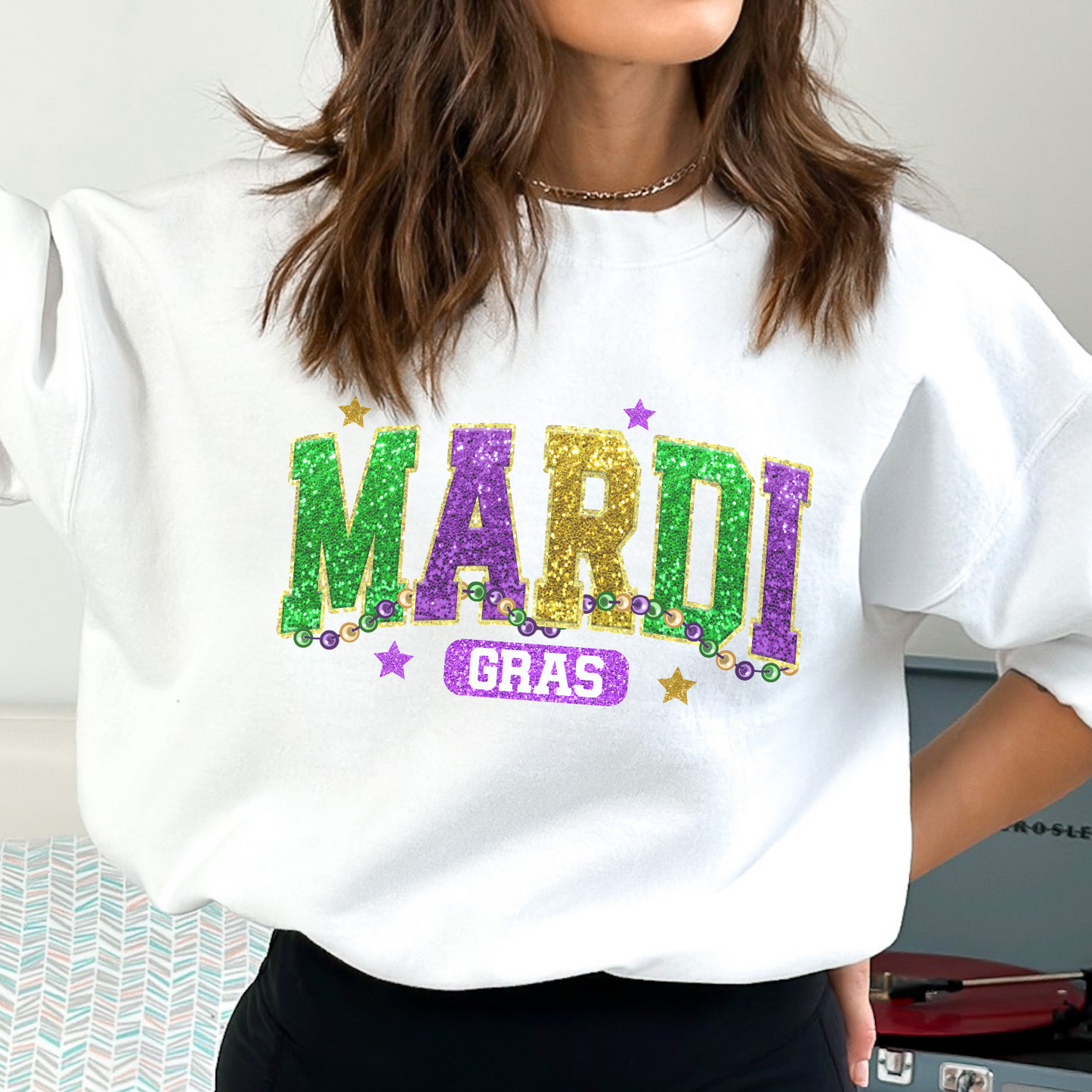 Mardi Gras graphic sweatshirt, Faux glitter sparkle effect