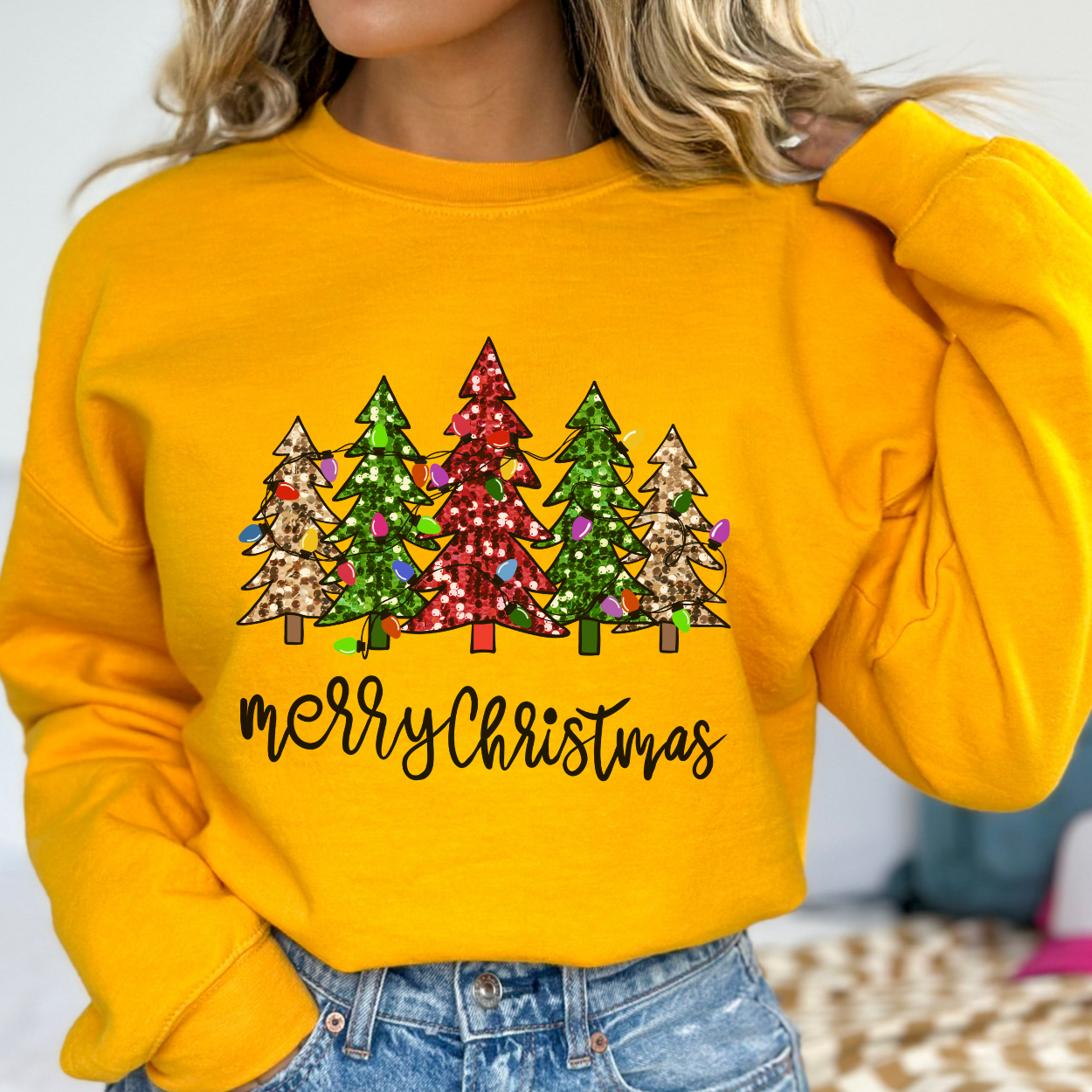 Merry Christmas faux sequins Christmas tree sweatshirt