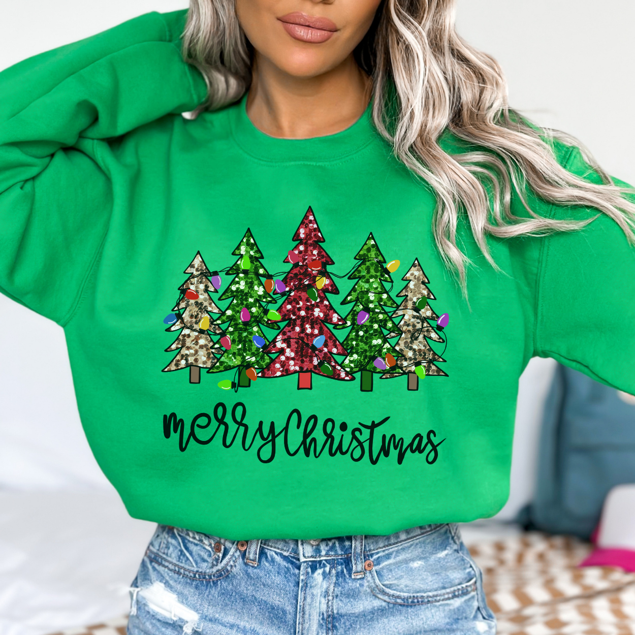 Merry Christmas faux sequins Christmas tree sweatshirt