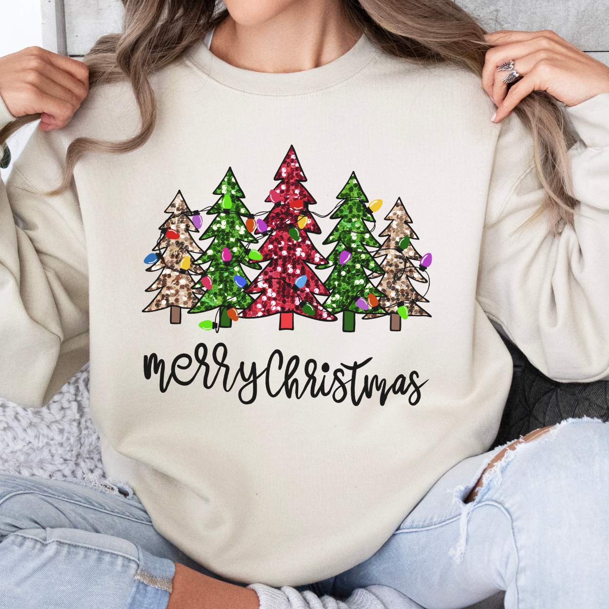 Merry Christmas faux sequins Christmas tree sweatshirt