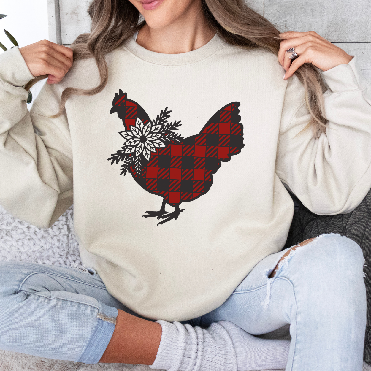 Buffalo plaid Christmas chicken sweatshirt