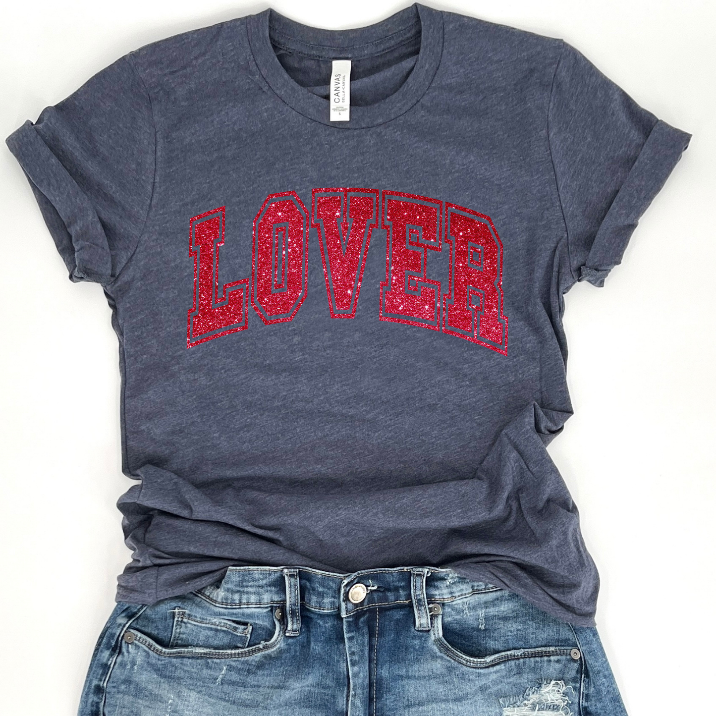 Valentine's Day lover graphic t-shirt, faux glitter