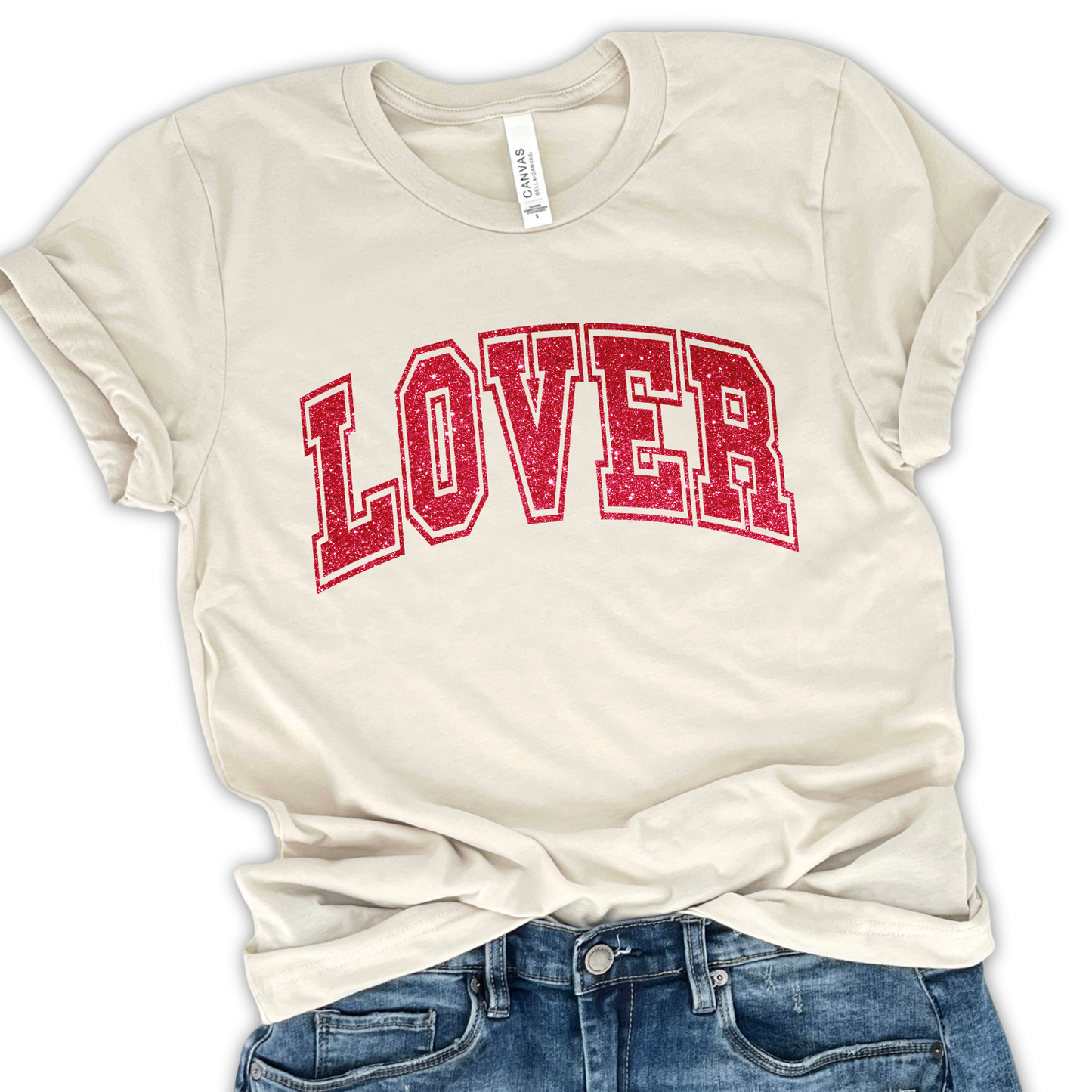 Valentine's Day lover graphic t-shirt, faux glitter