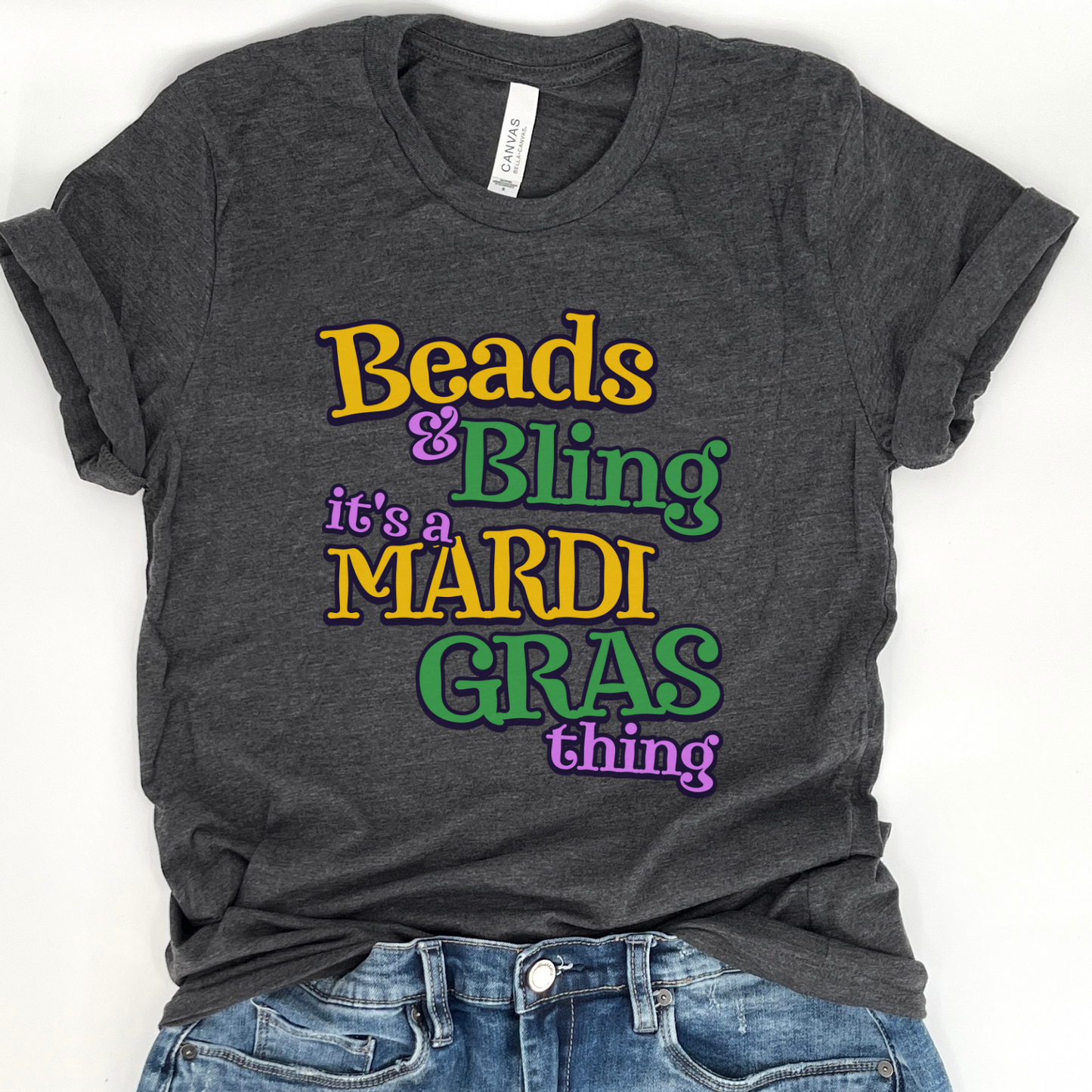 Beads and Bling Mardi Gras women's graphic t-shirt