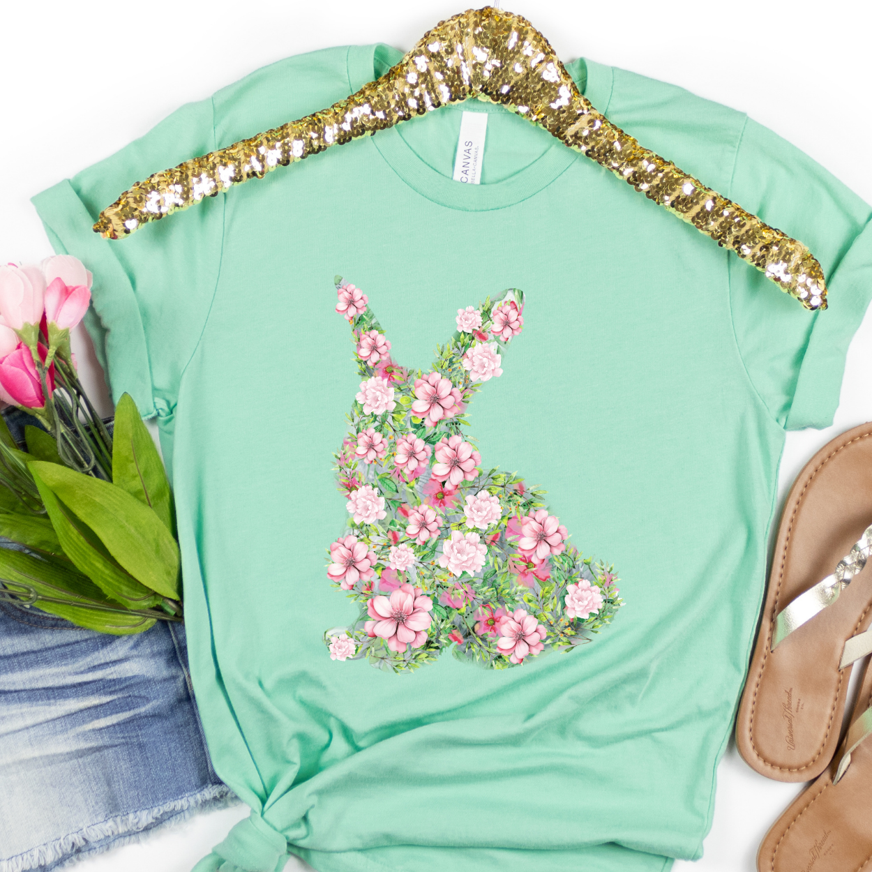 Pastel floral Easter bunny women's graphic t-shirt