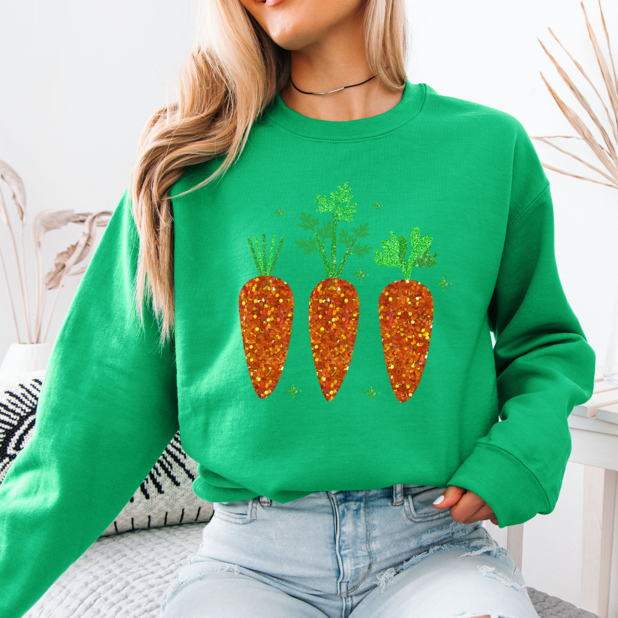 Easter bunny carrots graphic sweatshirt, Faux glitter