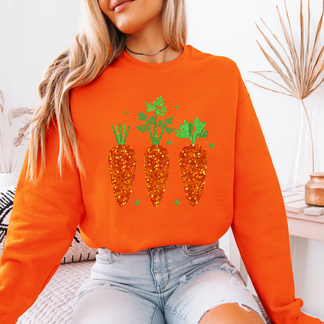 Easter bunny carrots graphic sweatshirt, Faux glitter