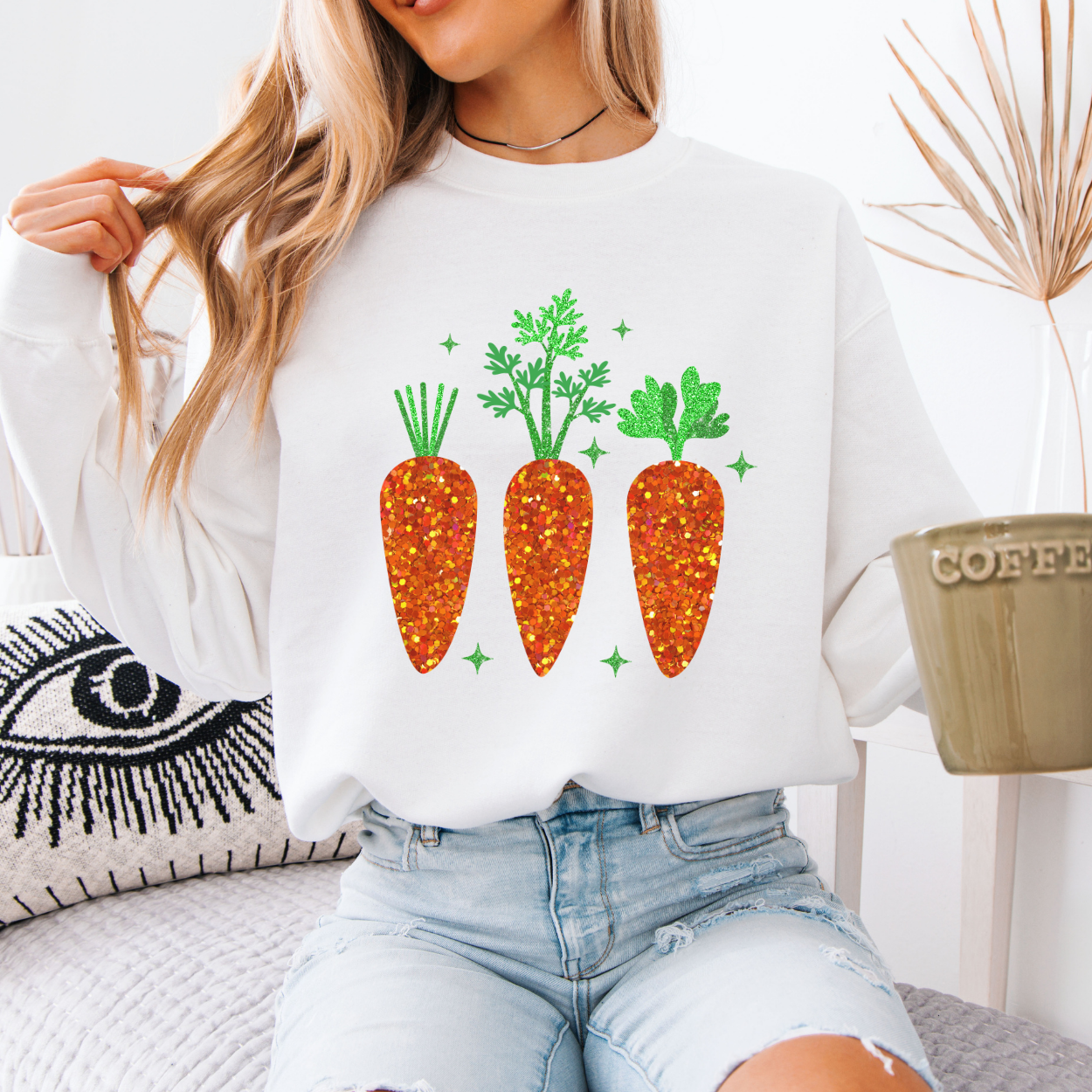 Easter bunny carrots graphic sweatshirt, Faux glitter