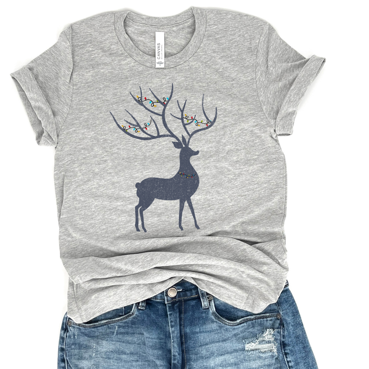 Christmas deer tangled in holiday lights t-shirt