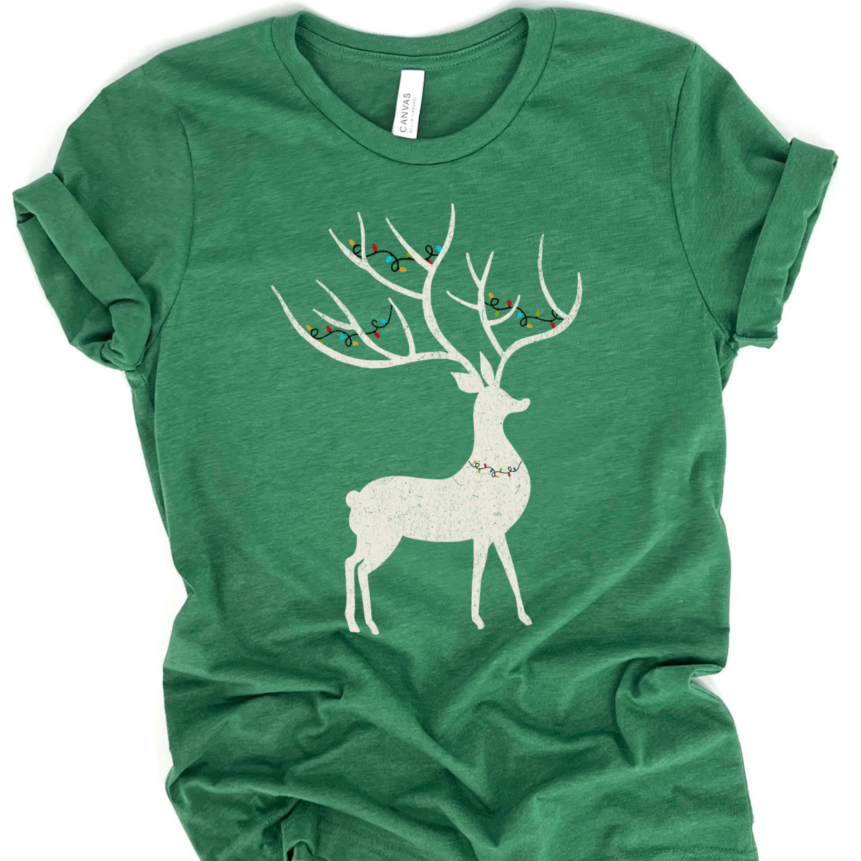 Christmas deer tangled in holiday lights t-shirt