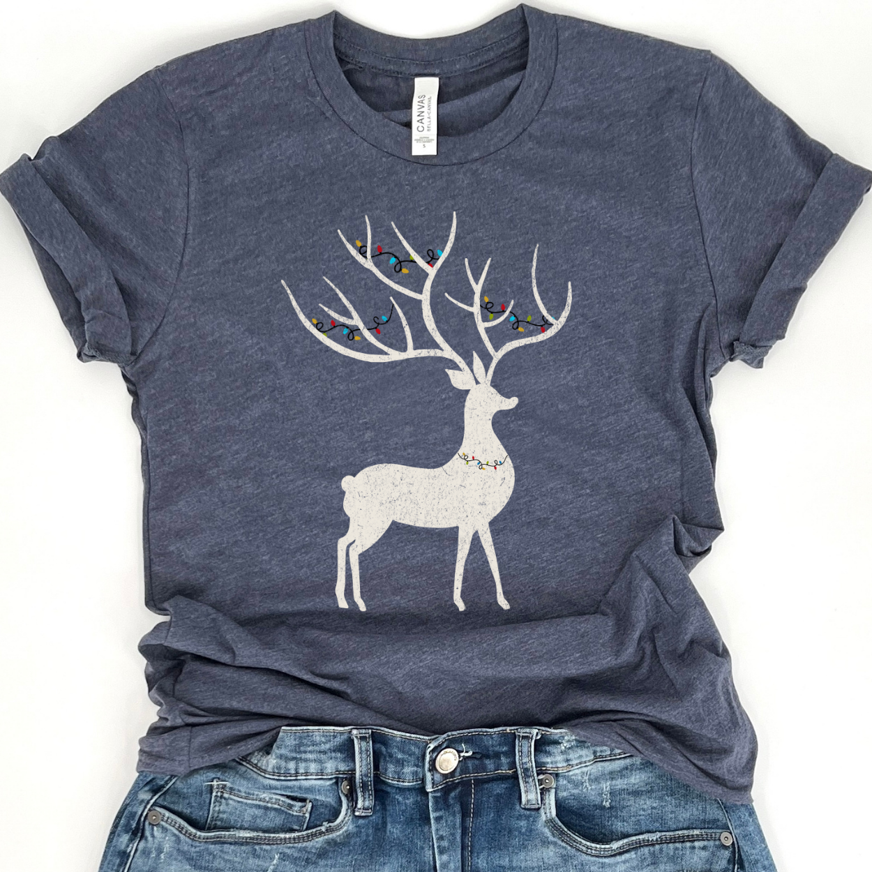 Christmas deer tangled in holiday lights t-shirt