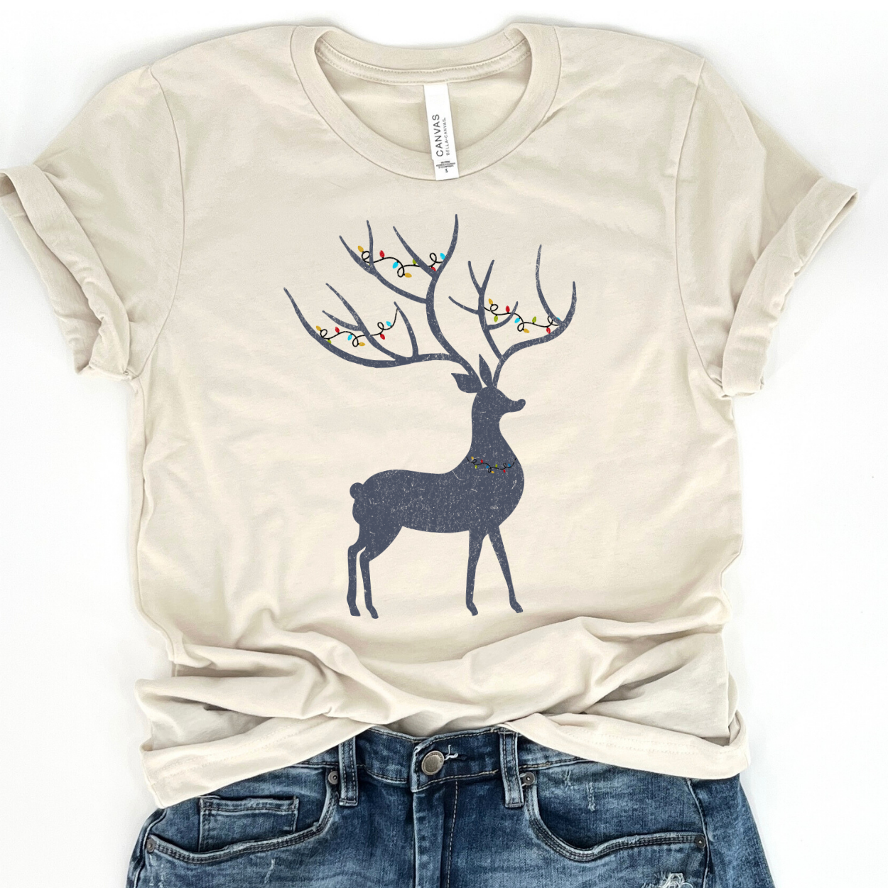 Christmas deer tangled in holiday lights t-shirt