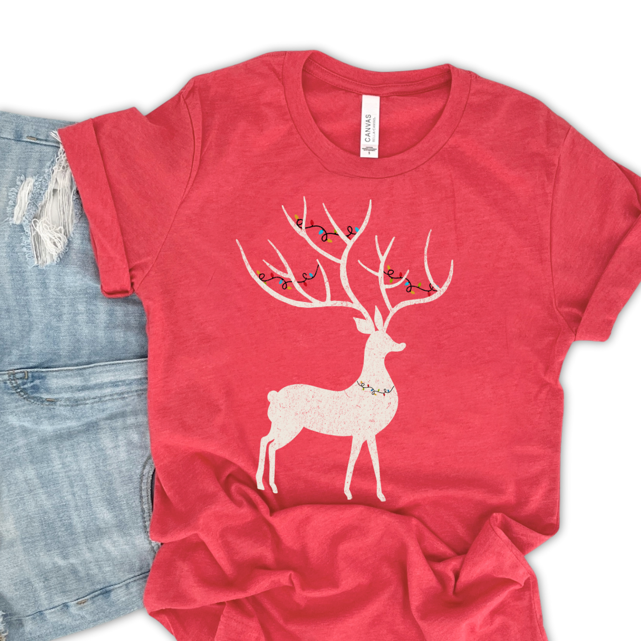 Christmas deer tangled in holiday lights t-shirt