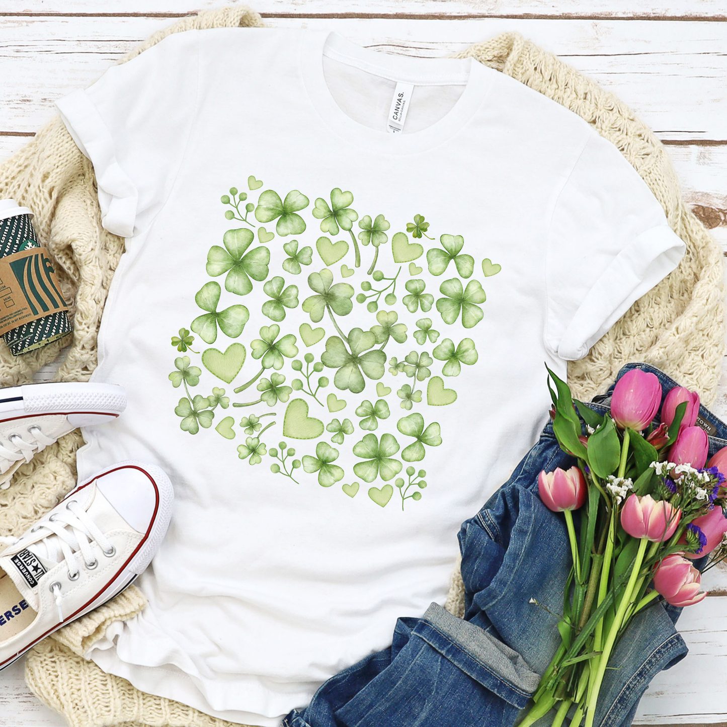 Green clover's St. Patrick day women's floral graphic t-shirt