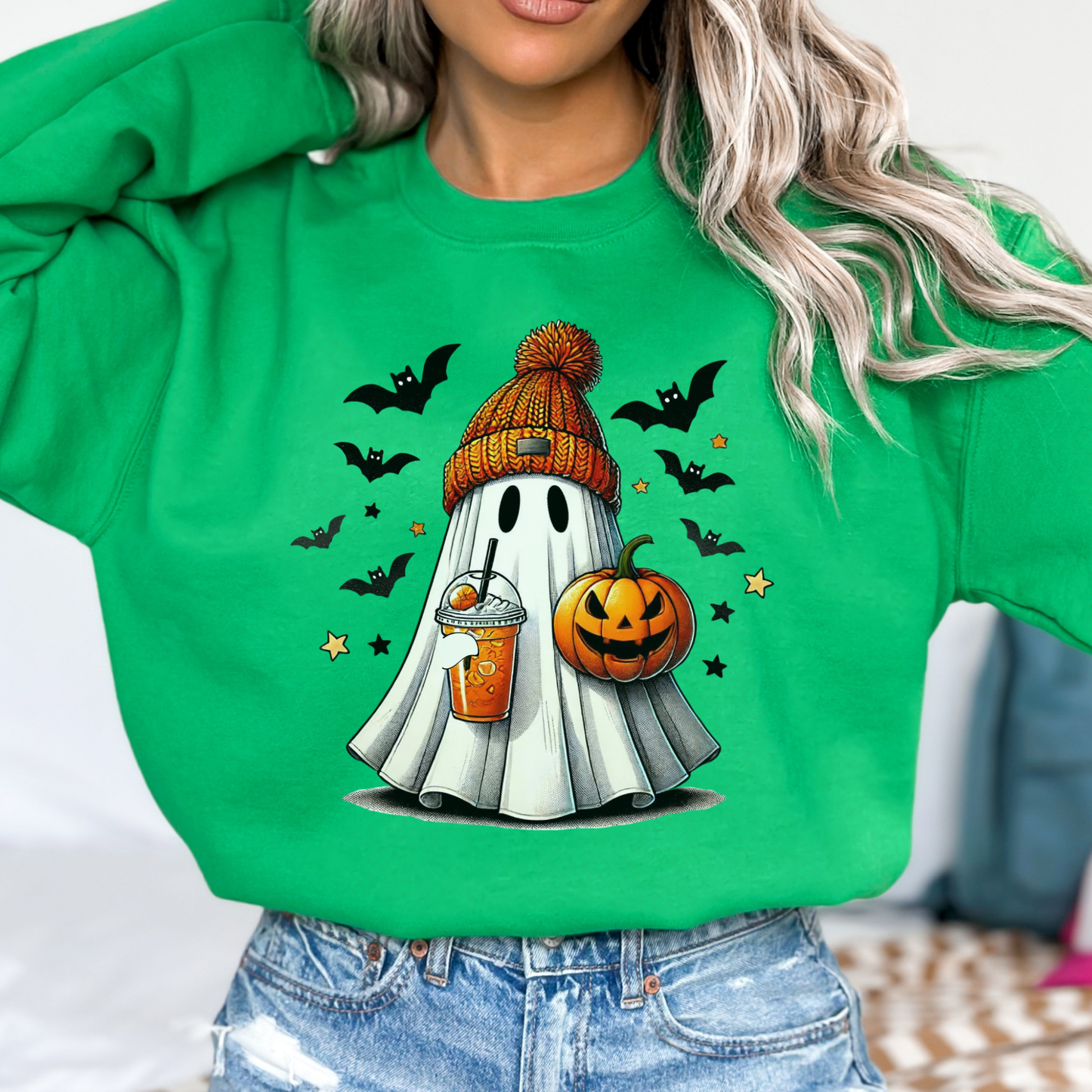 Ghost drinking an ice coffee Halloween sweatshirt