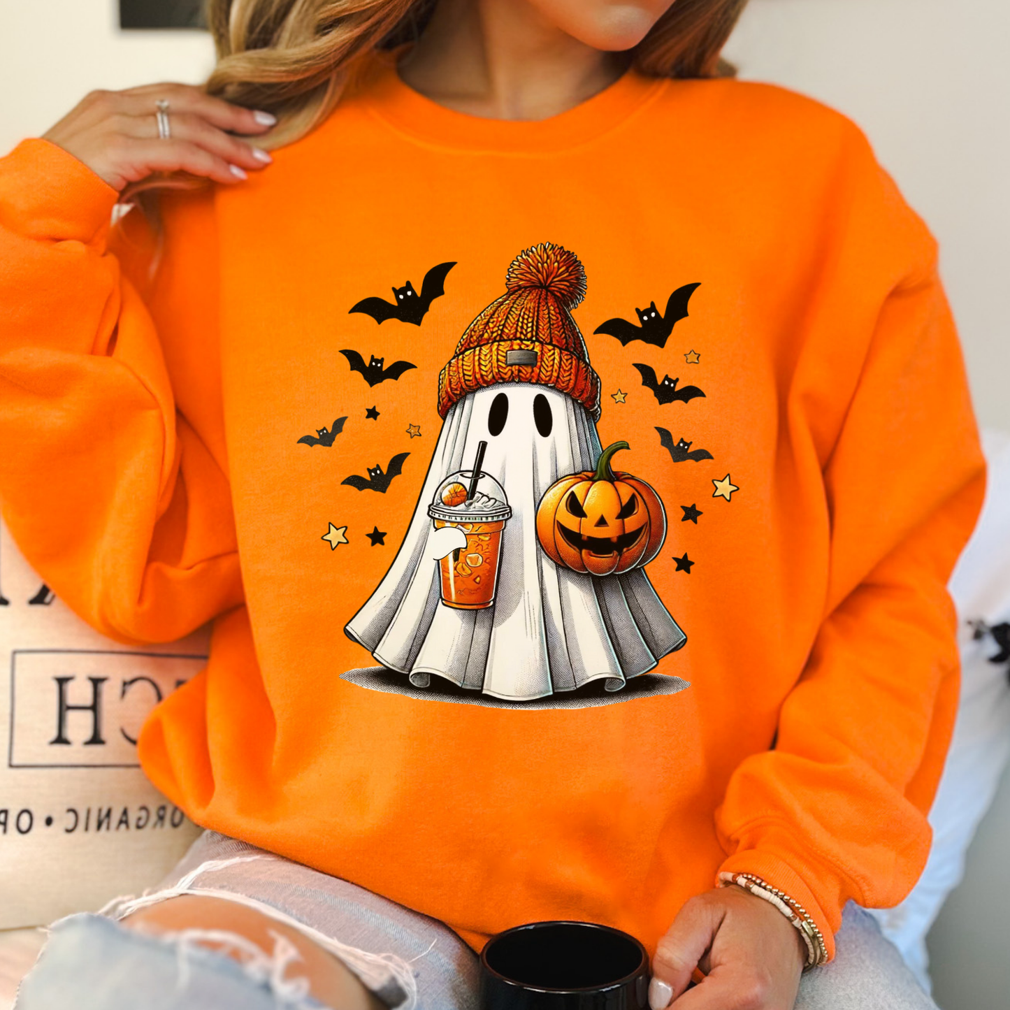 Ghost drinking an ice coffee Halloween sweatshirt