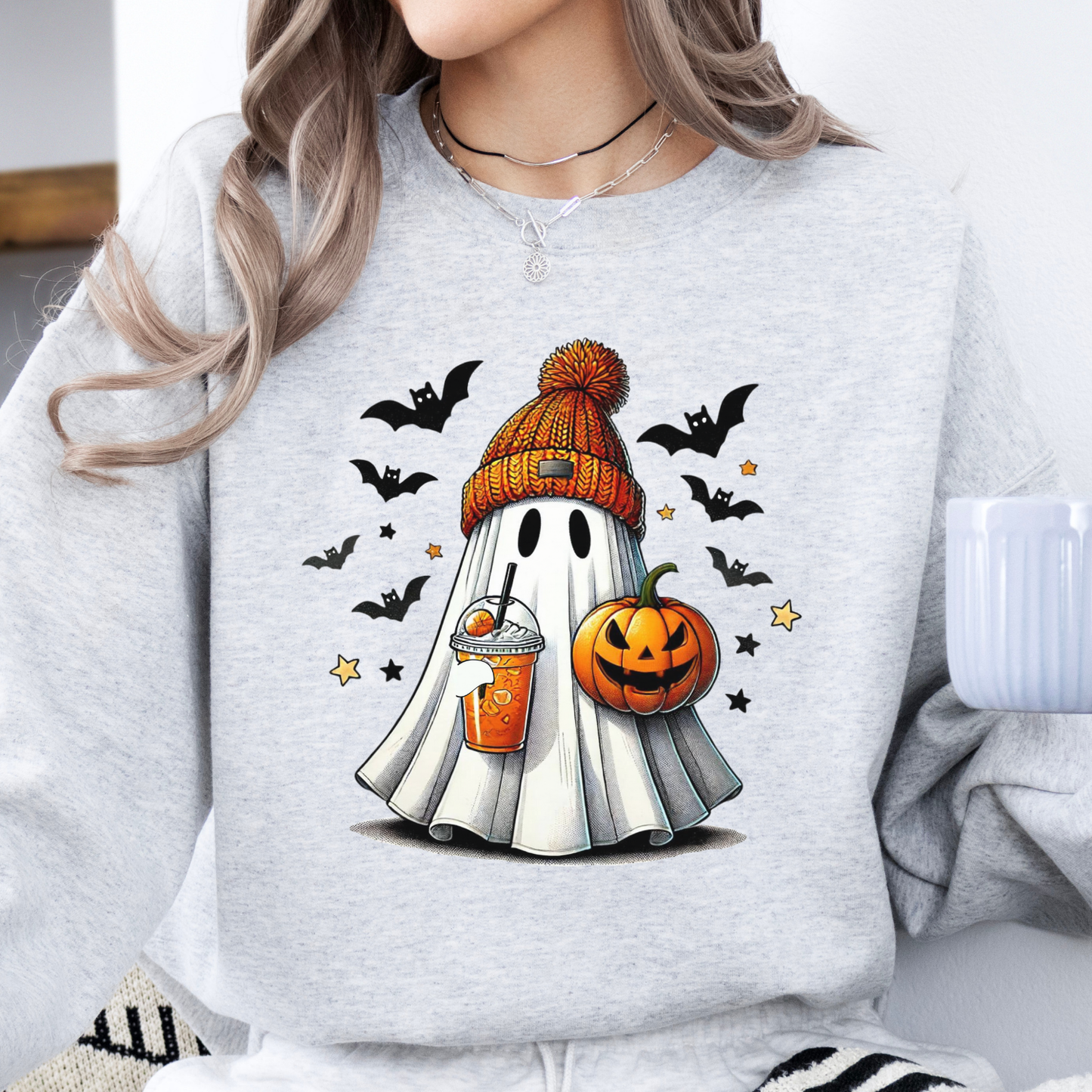 Ghost drinking an ice coffee Halloween sweatshirt