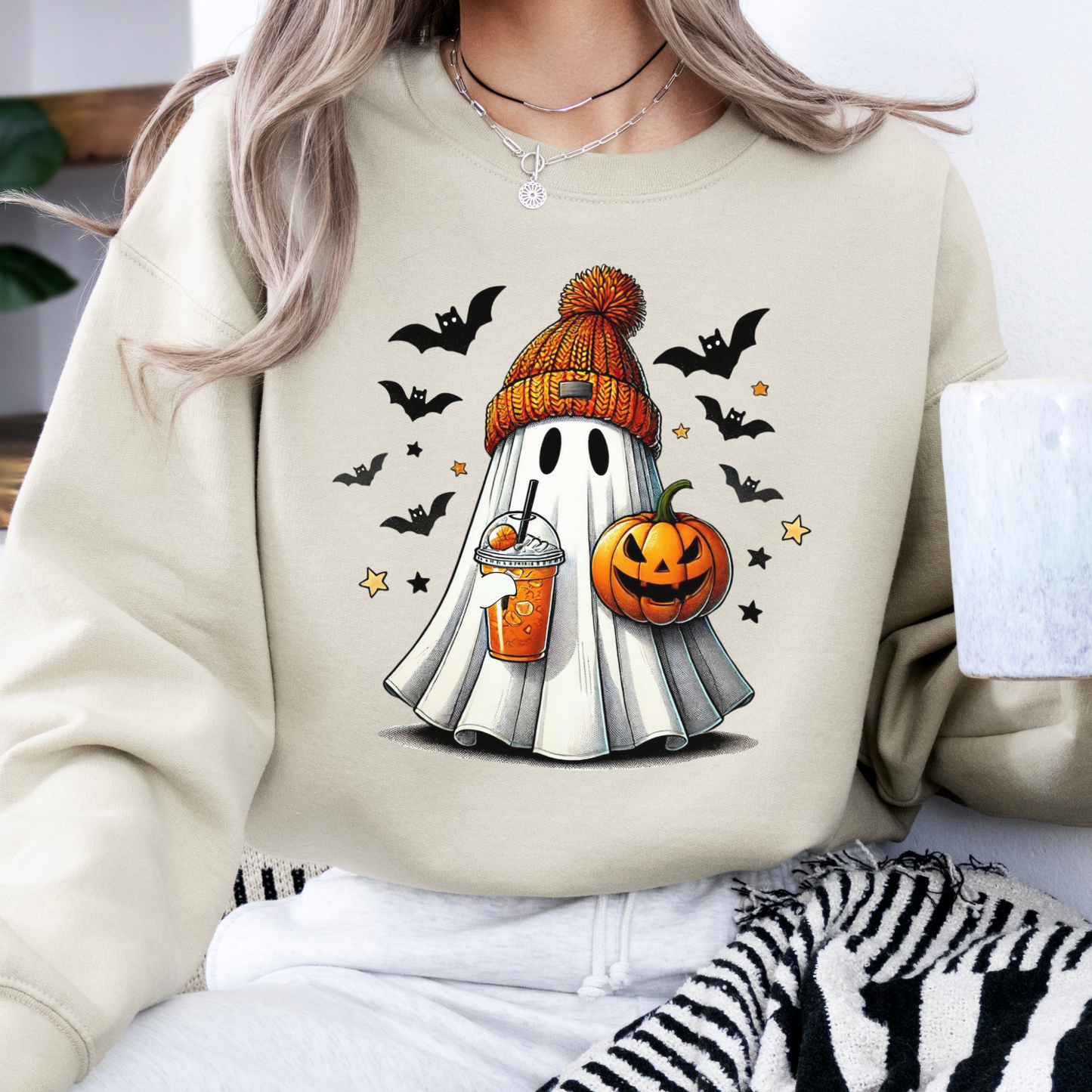 Ghost drinking an ice coffee Halloween sweatshirt