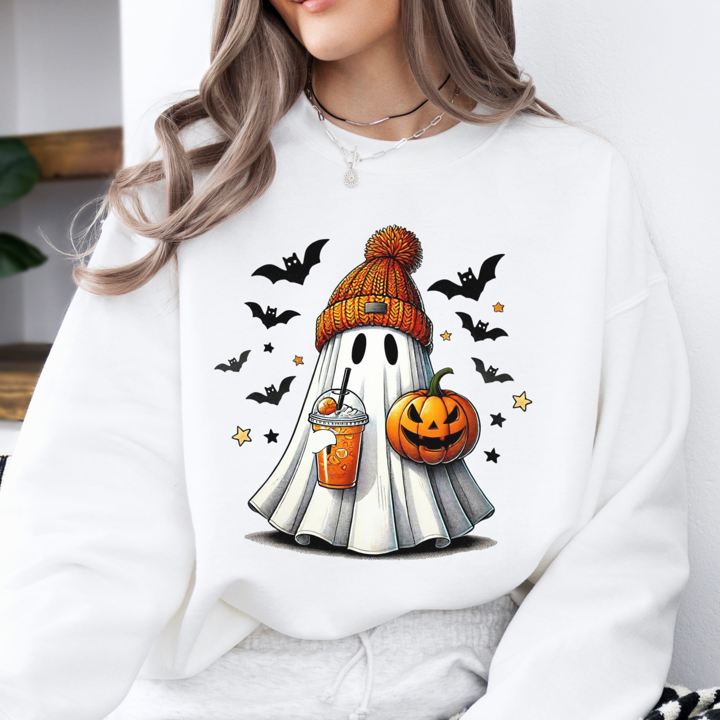 Ghost drinking an ice coffee Halloween sweatshirt