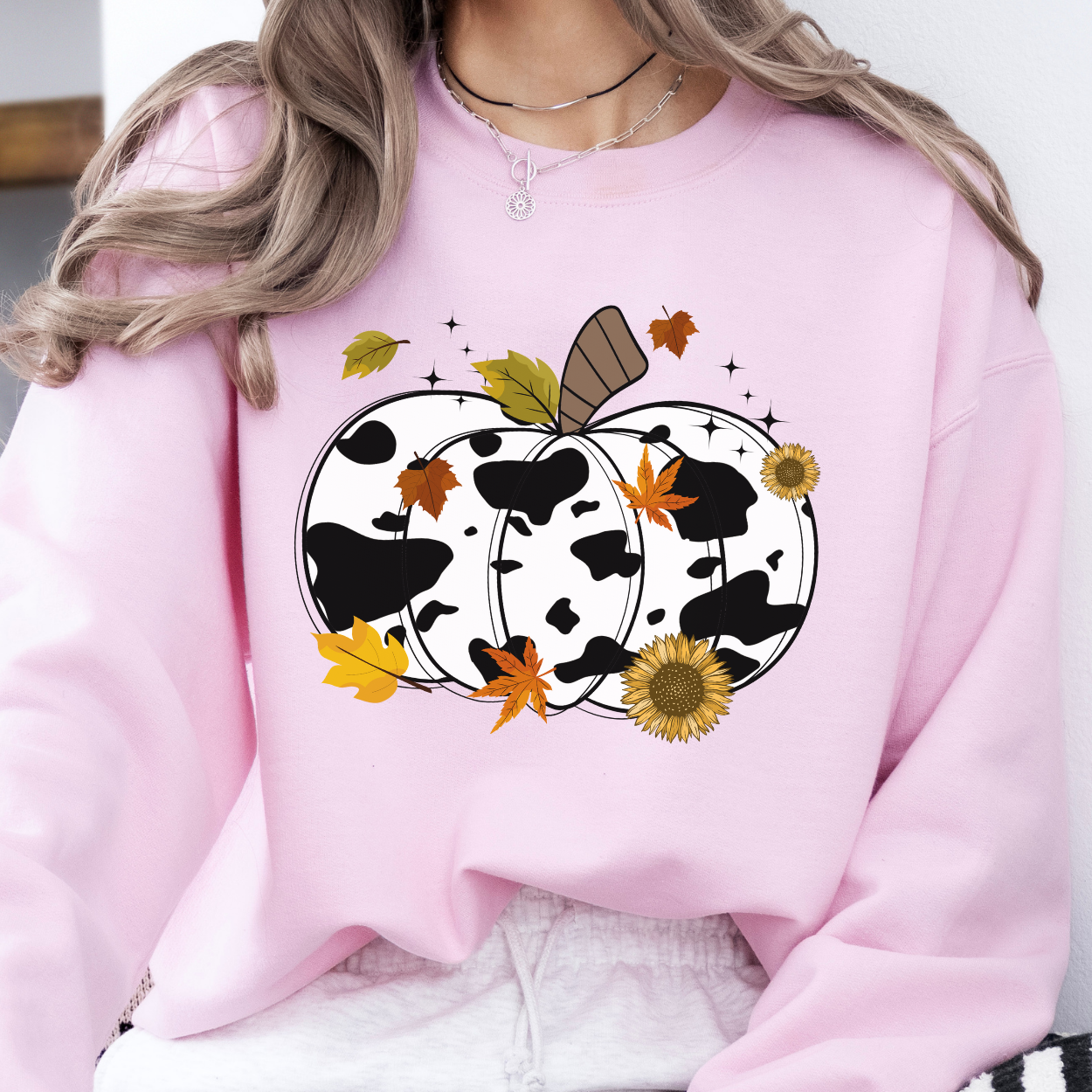 Oversize fall pumpkin sweatshirt, Country cow print crewneck