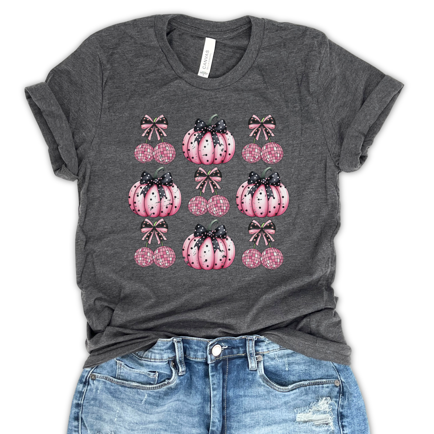 Disco pink cherries and pink pumpkins Autumn t-shirt