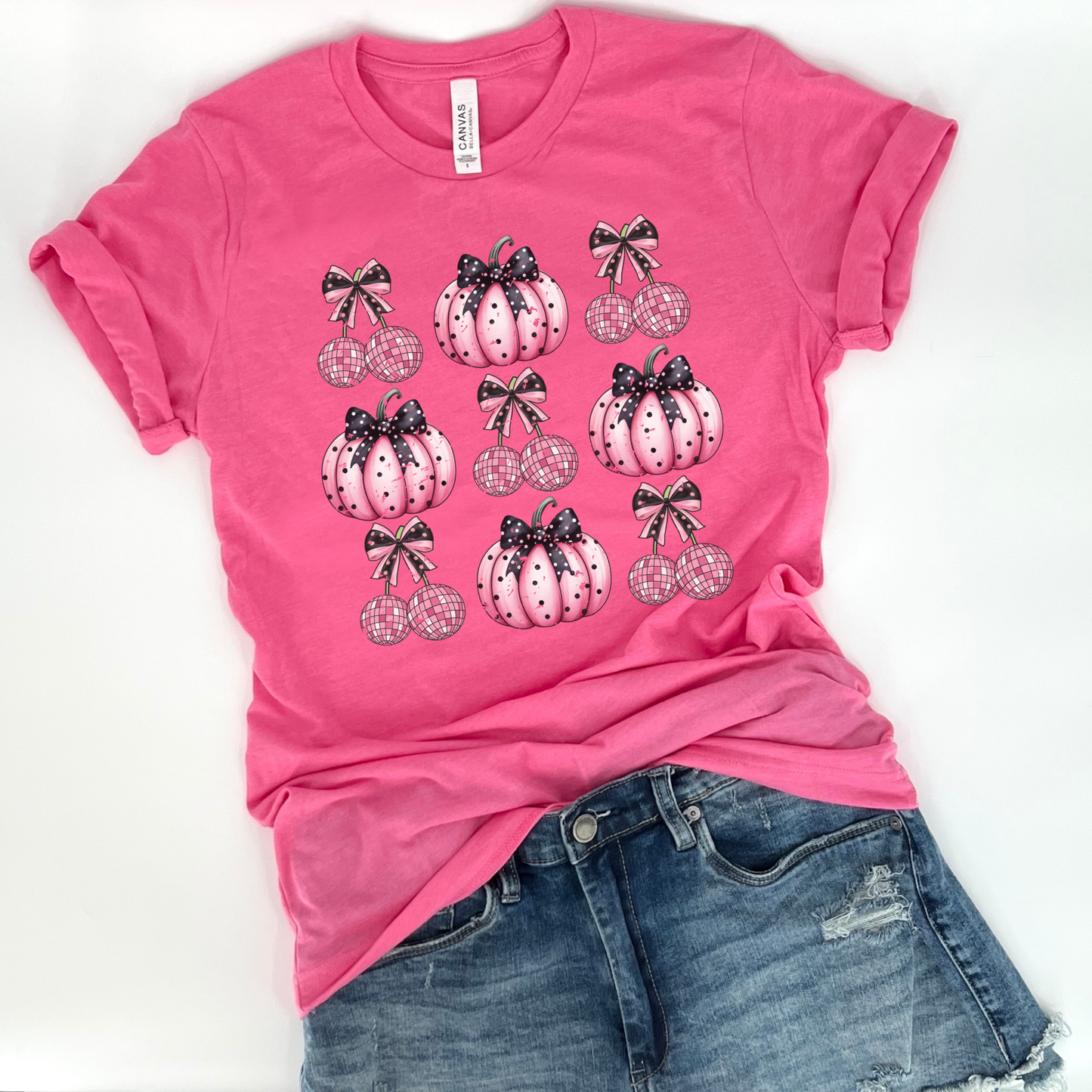 Disco pink cherries and pink pumpkins Autumn t-shirt