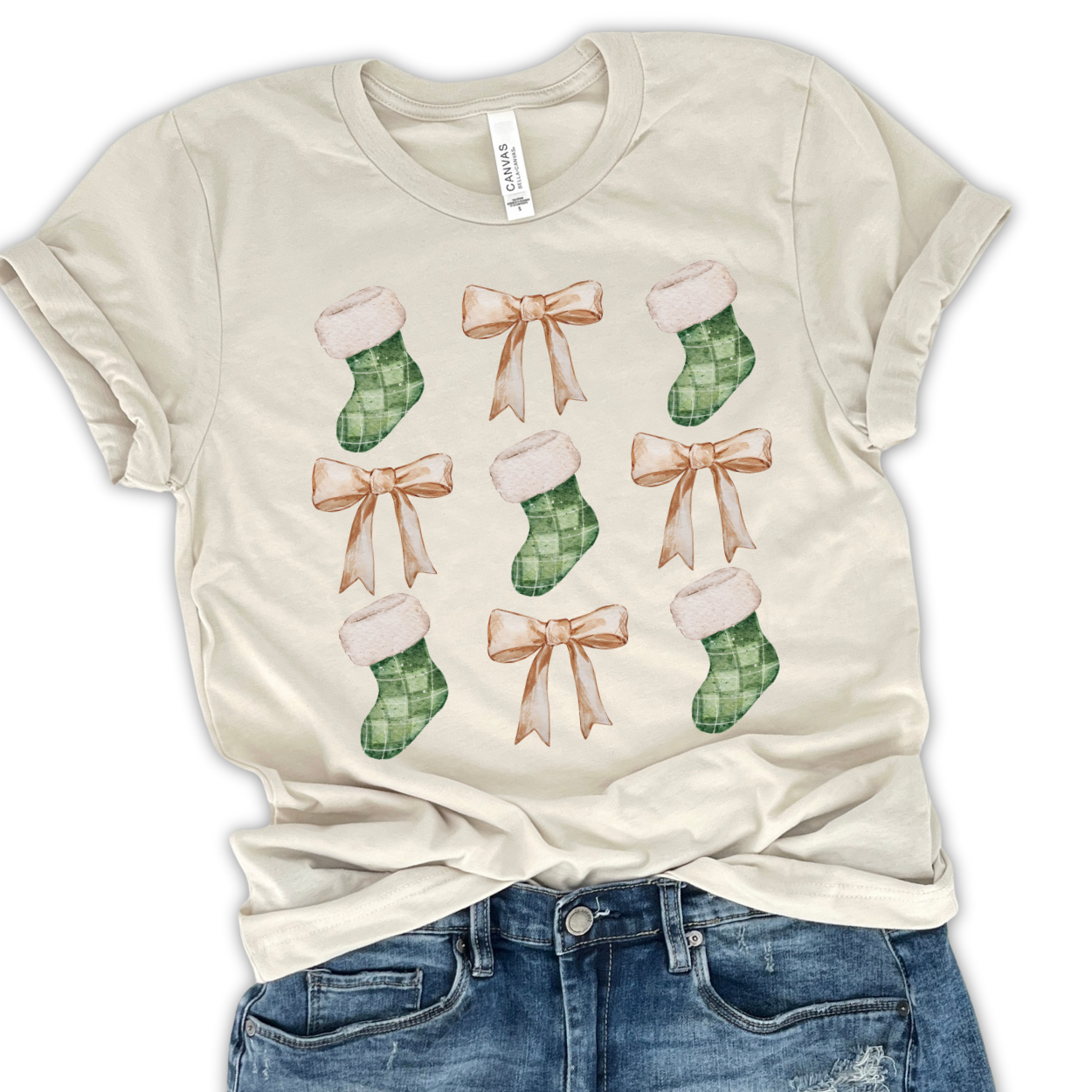 Christmas stockings coquette t-shirt, Women's holiday top