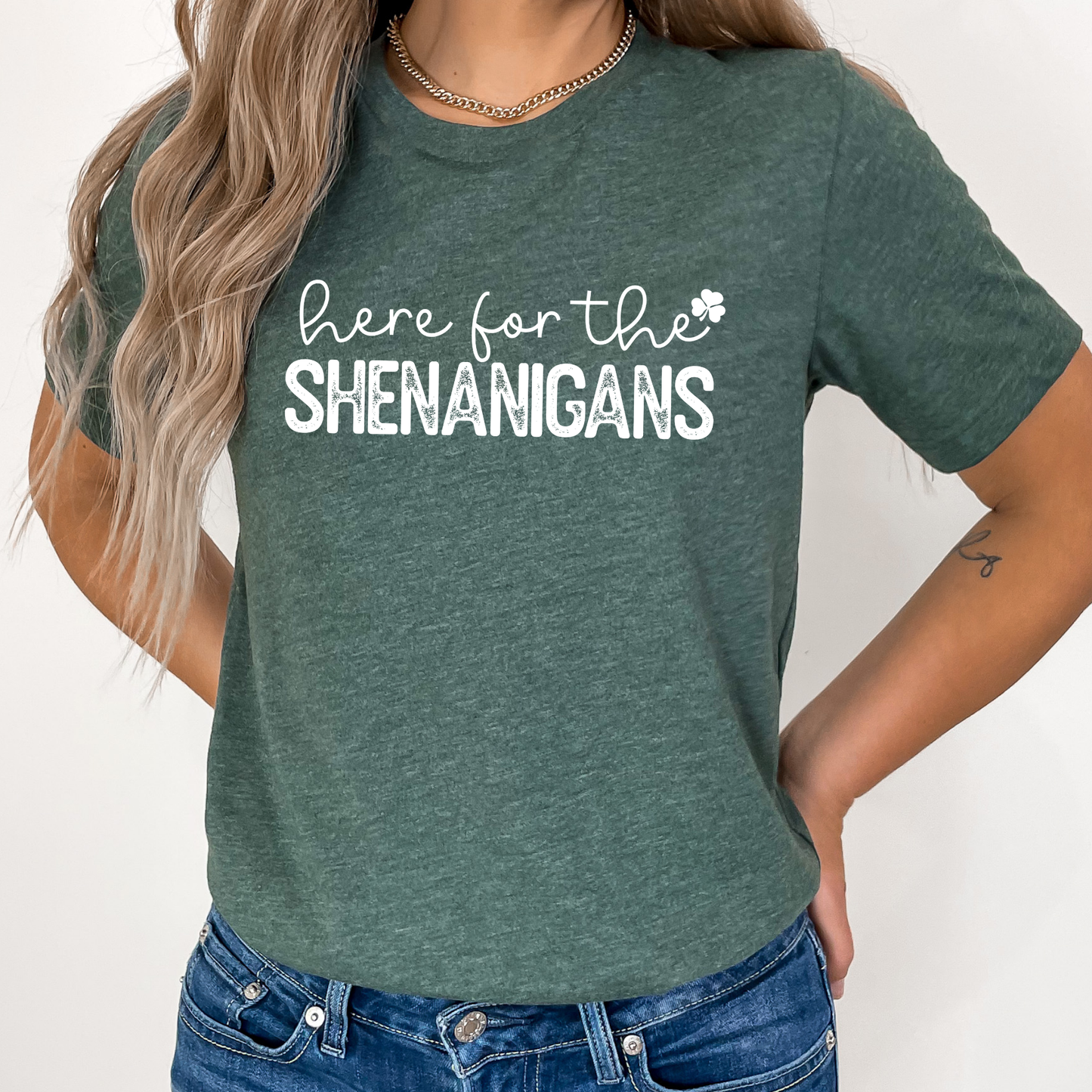 Here for the Shenanigans Funny St. Patrick's Day graphic t-shirt